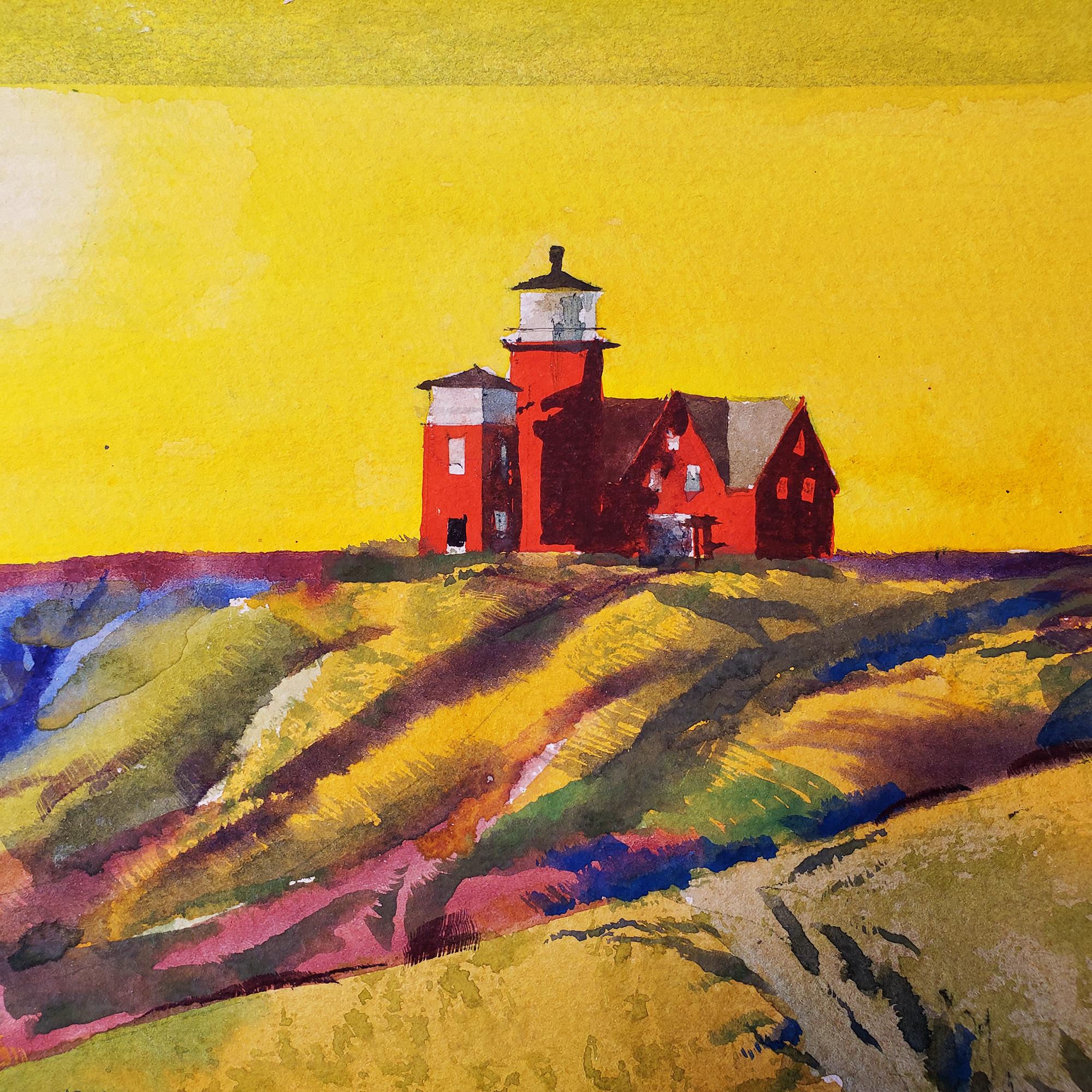 Summertime - Martha's Vineyard  - Sunset Golden Sky and Red Lighthouse  - Art by Millard Sheets