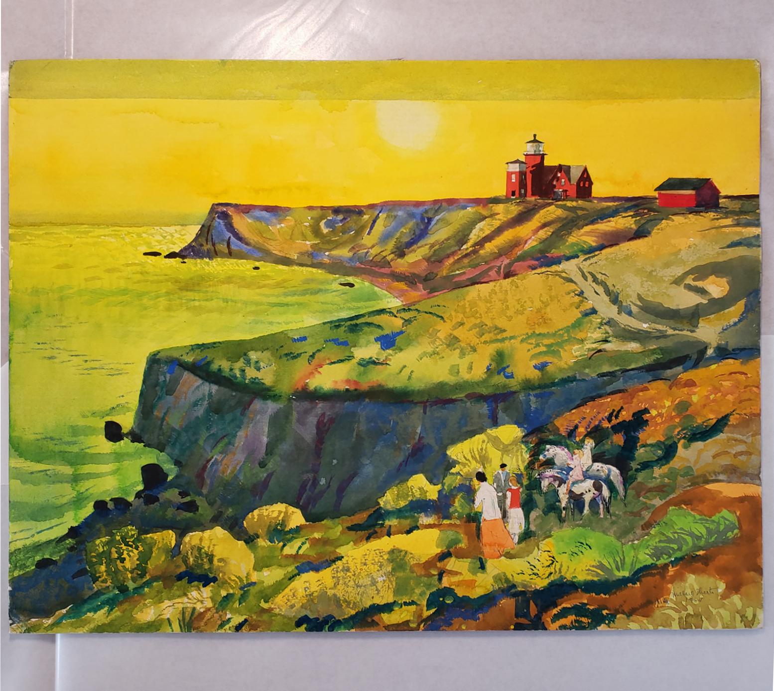 L'été - Martha's Vineyard  - Coucher de soleil, ciel doré et phare rouge en vente 1