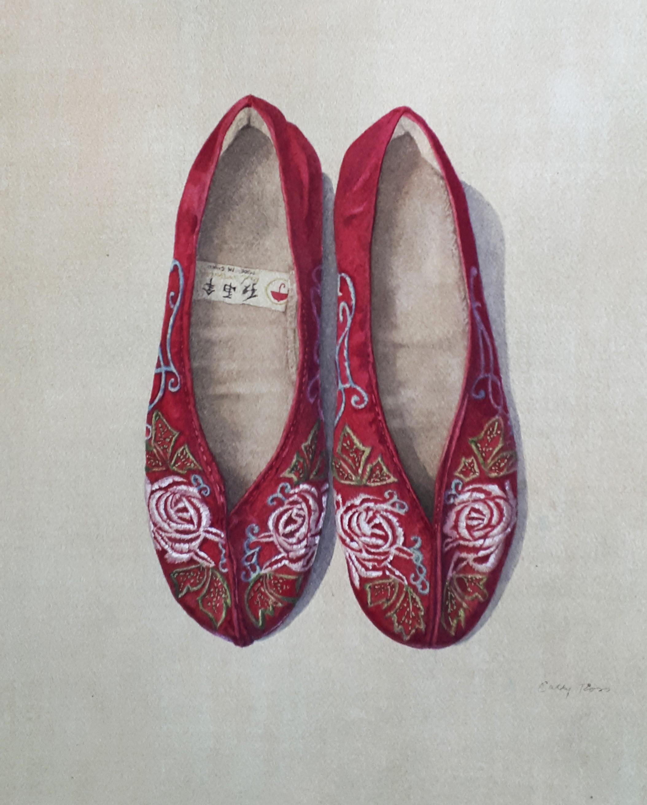 Cathy Ross Still-Life - Embroidered Red Slippers