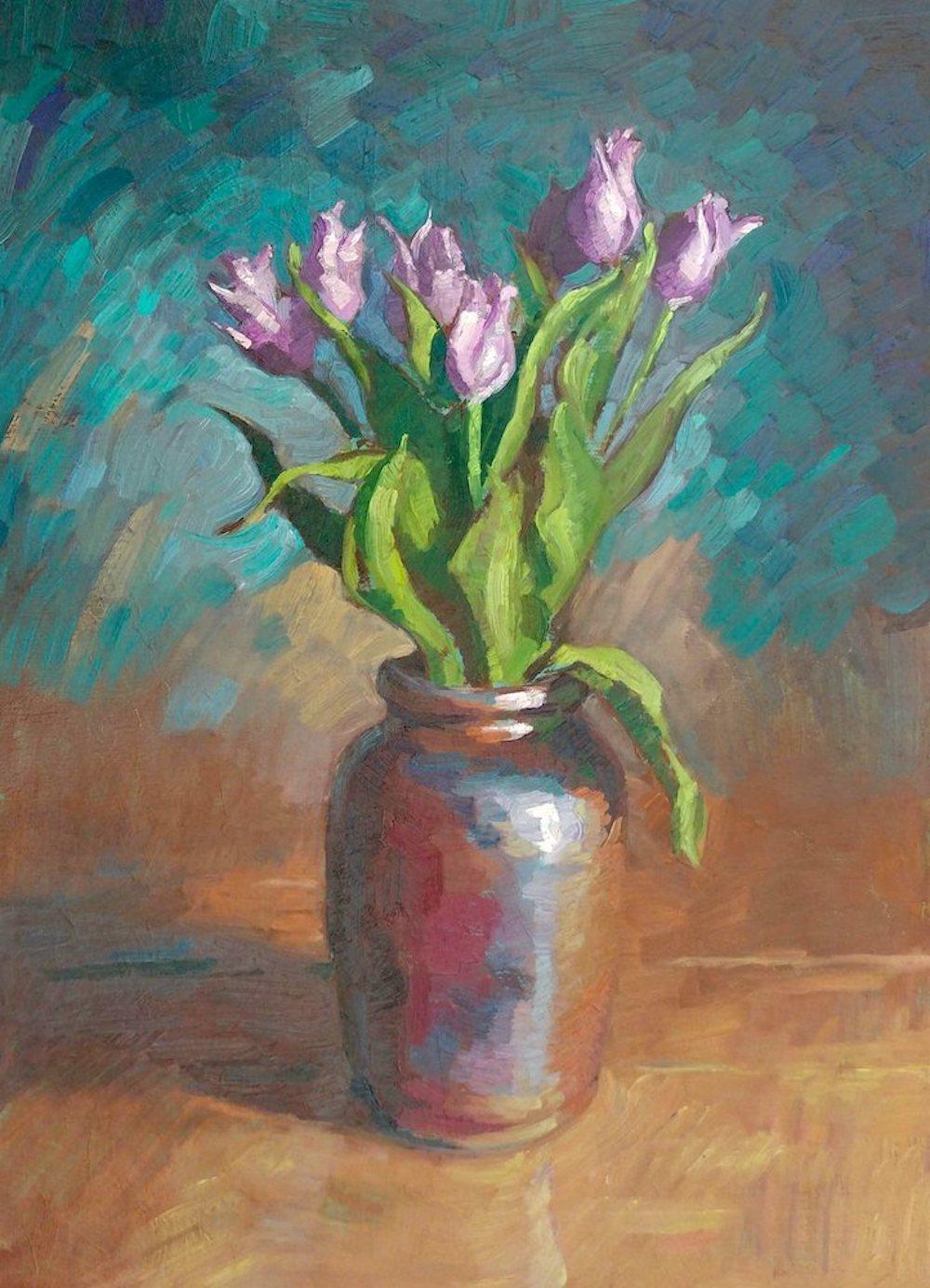 Tim McGuire Tulips in Brown Vase For Sale at 1stDibs