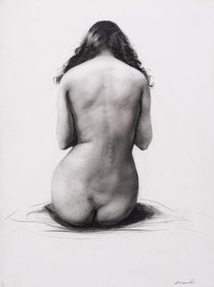 “Back” figurative graphite drawing of woman, nude, black and white