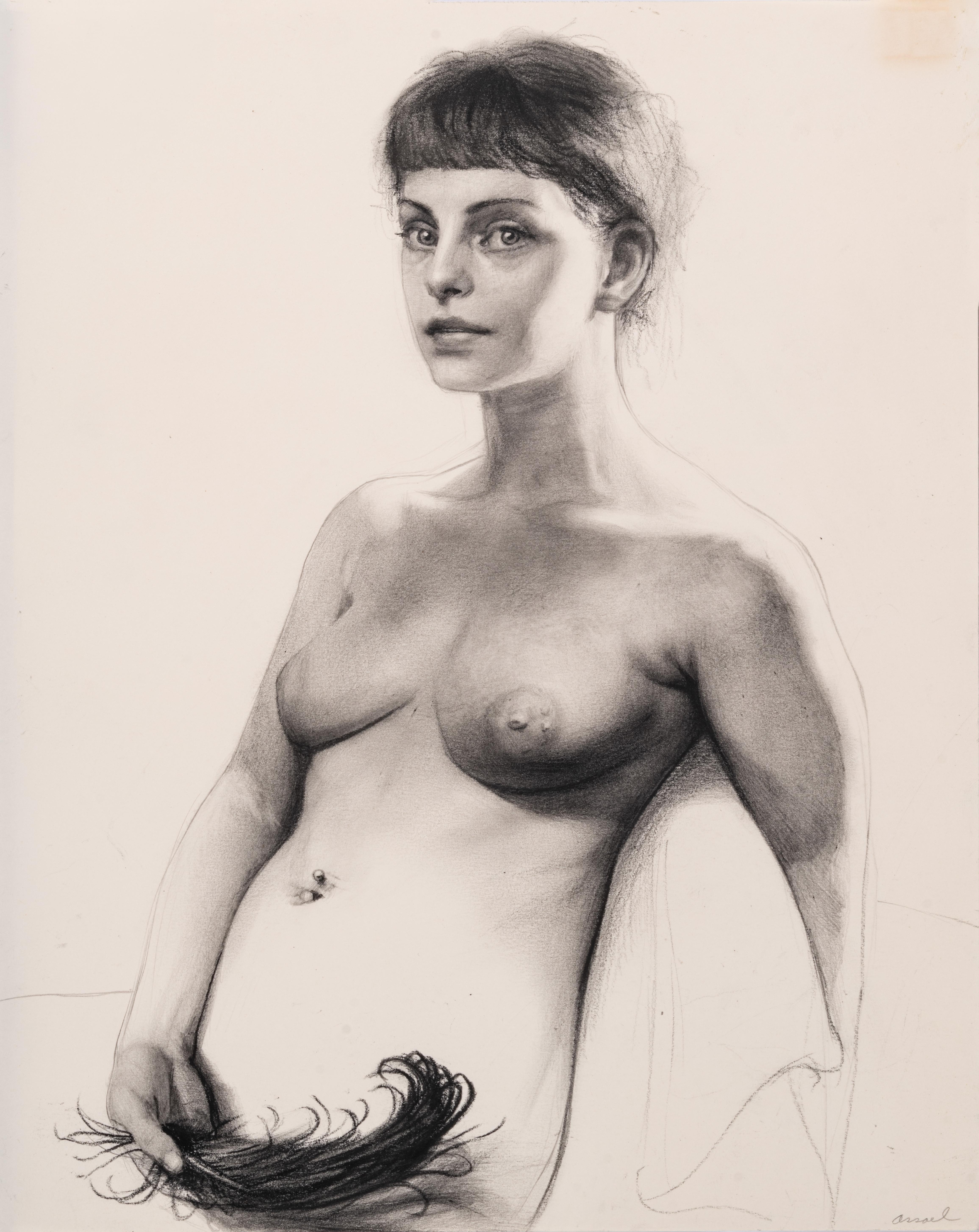 "Sandra con la piuma" Asasael, disegno realista, ritratto di nudo, 13x10,5 pollici, firmato