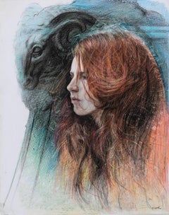 "Profilo di Julie" disegno a matita colorata su carta, donna con capelli rossi e montone