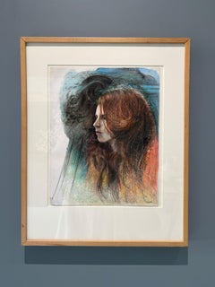 “Julie’s Profile” colored pencil drawing on paper, woman with red hair and ram