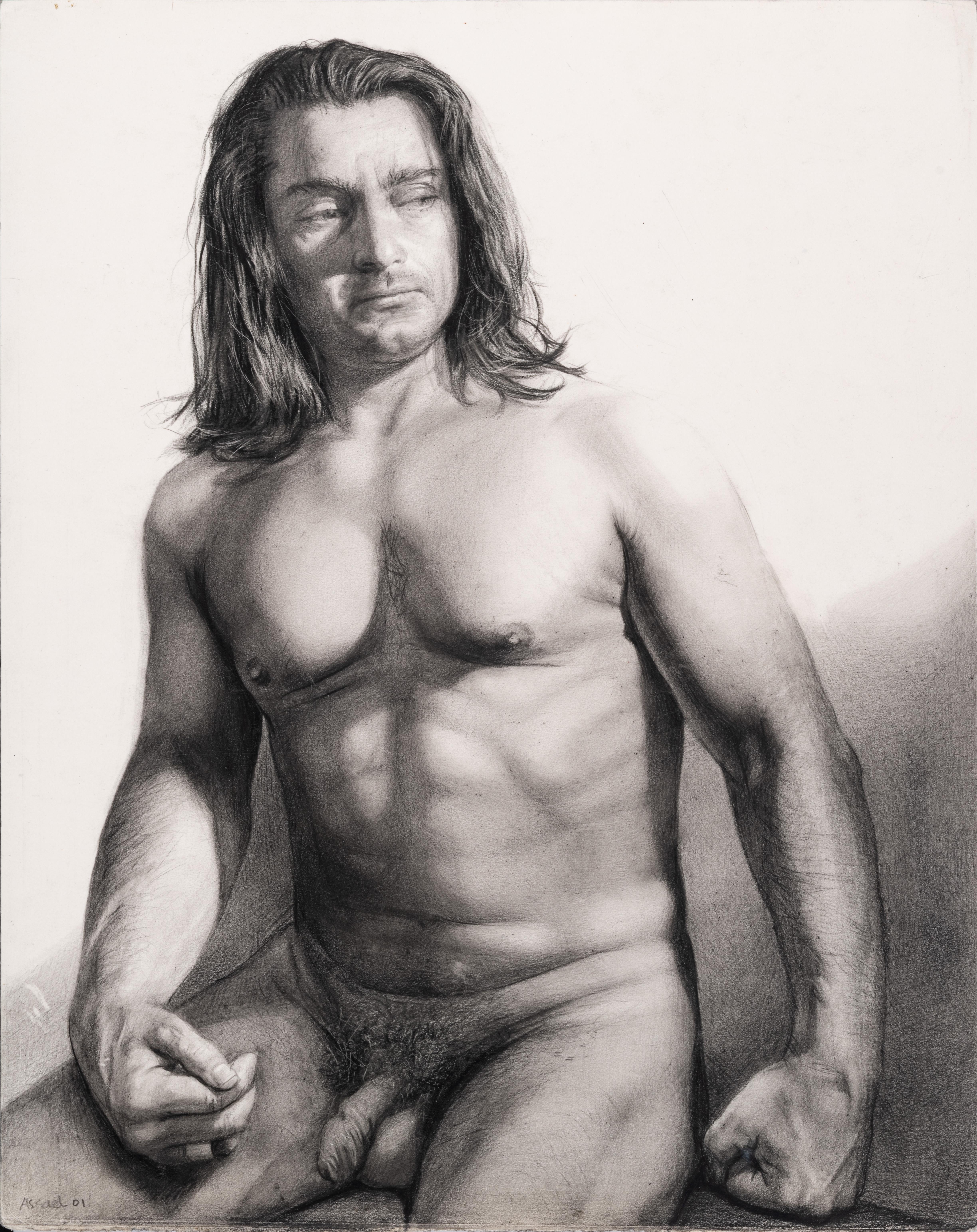 "Ulysses" Assael, Disegno di nudo maschile, grafite su carta, firmato, 14x11 pollici