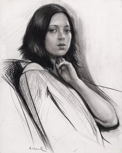 « Portrait : la main sur la joue » — portrait de femme, dessin, graphite sur papier