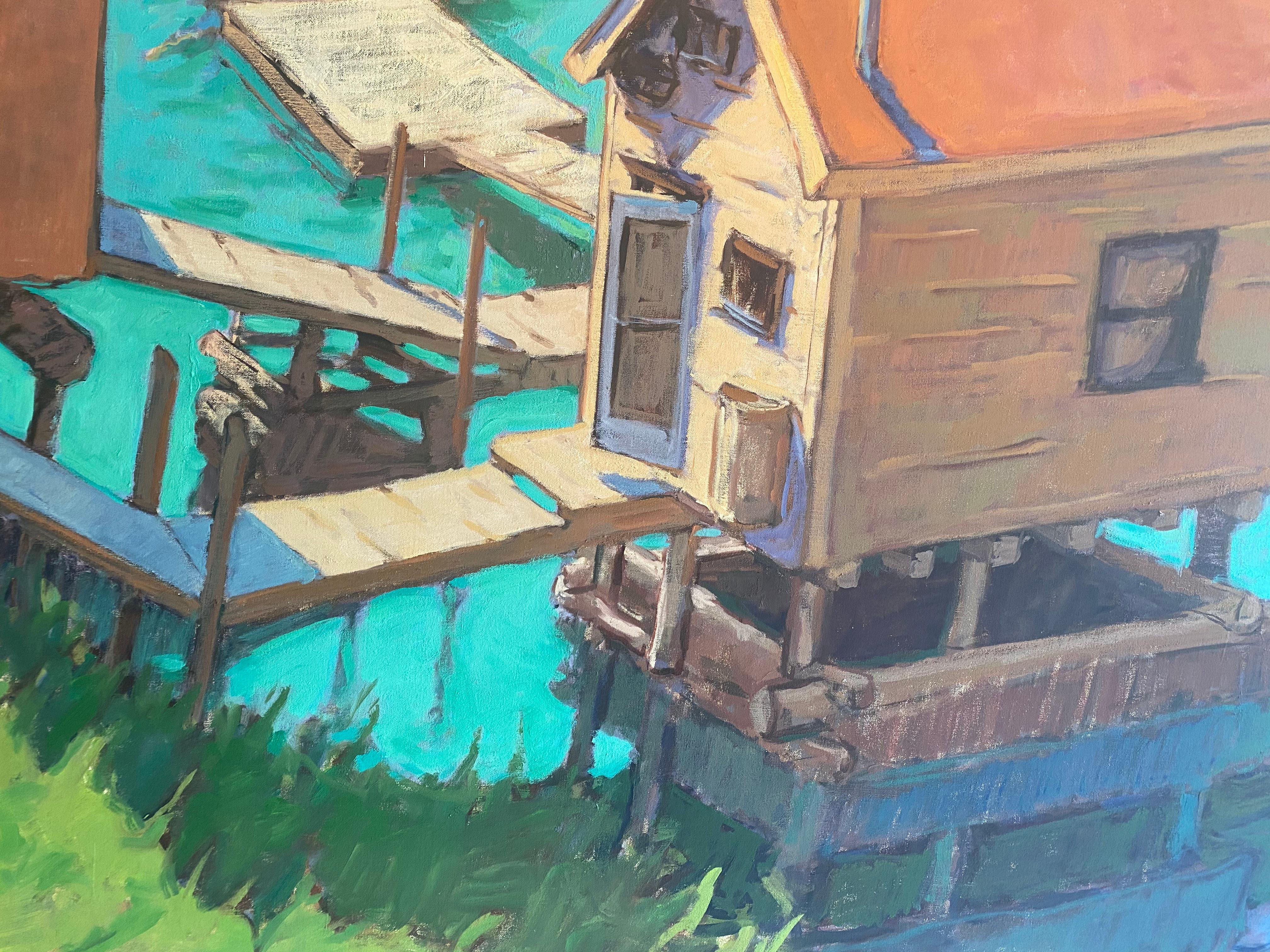 Dimensions encadrées : 74.93 x 86.75 pouces

Une peinture à l'huile à grande échelle d'un port de cabanes de pêcheurs, vu d'en haut, en Nouvelle-Écosse. 

Tim McGuire Né en 1971, Tim McGuire a grandi à Buffalo, NY.  Après avoir enseigné la