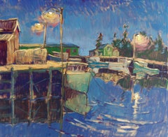 "Harbor Evening" contemporary impressionist seascape, Van-Gogh-inspired marina