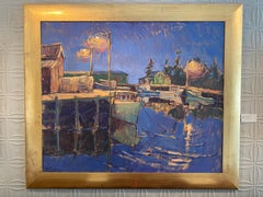 "Harbor Evening" paesaggio marino impressionista contemporaneo, marina ispirata a Van-Gogh