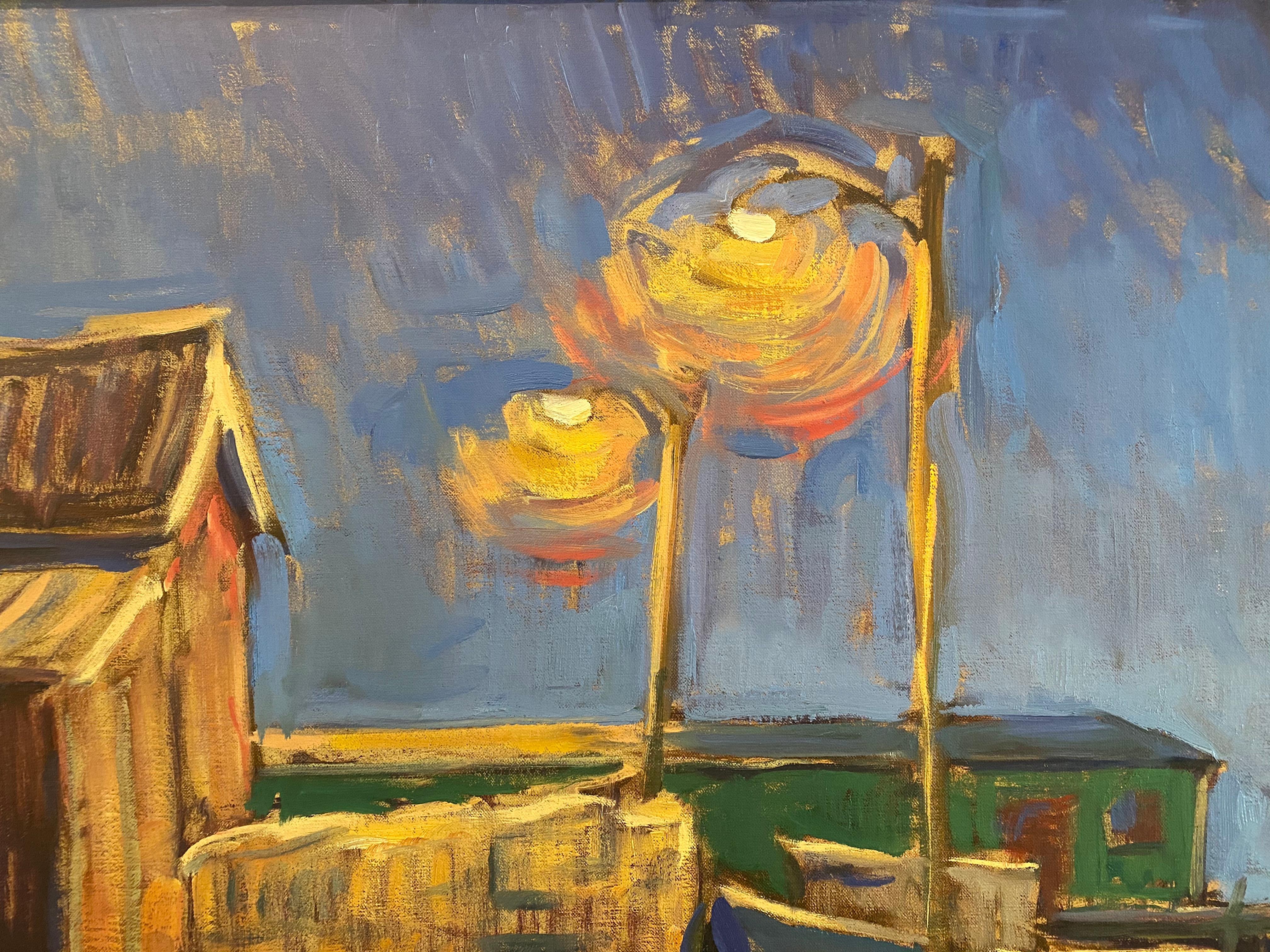 An oil painting of a marina at night. Lamp-posts glow with vibrating energy, creating luminous yellow auras rippling throughout. Tim McGuire is classically trained, yet paints loosely, creating an impressionist vision. 

Painting dimensions: 39.37 x