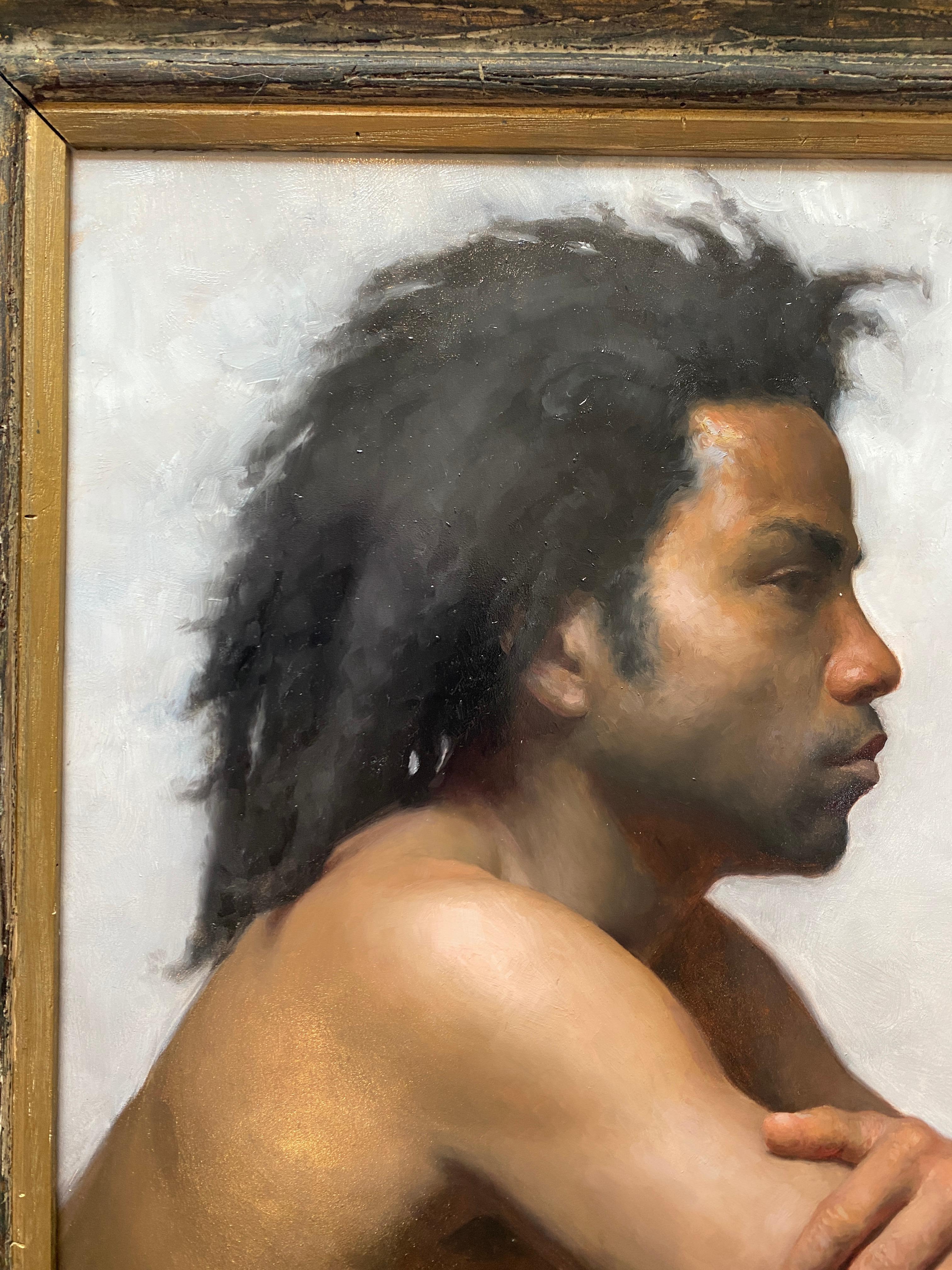 Jamaal in Profile - Brown Portrait Painting by Patrick Byrnes