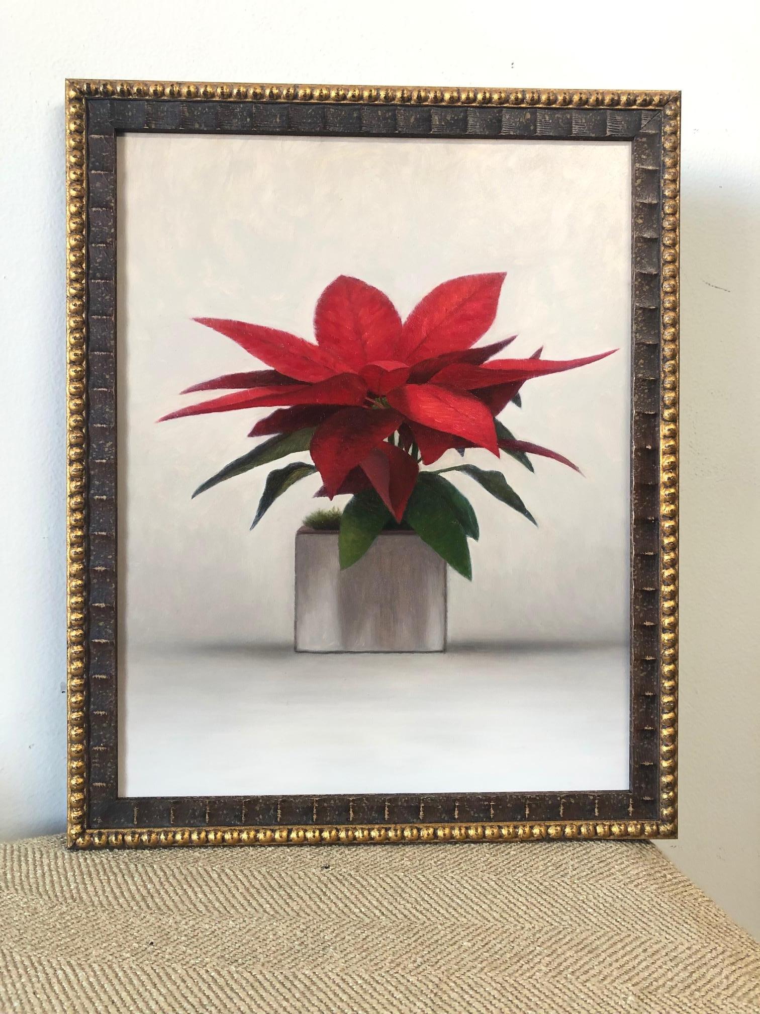 „Poinsettia 2“, Ölgemälde einer roten und grünen Weihnachtspflanze in Rot, getöpfert. Gerahmt – Painting von Matthew Weigle