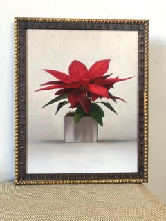 „Poinsettia 2“, Ölgemälde einer roten und grünen Weihnachtspflanze in Rot, getöpfert. Gerahmt