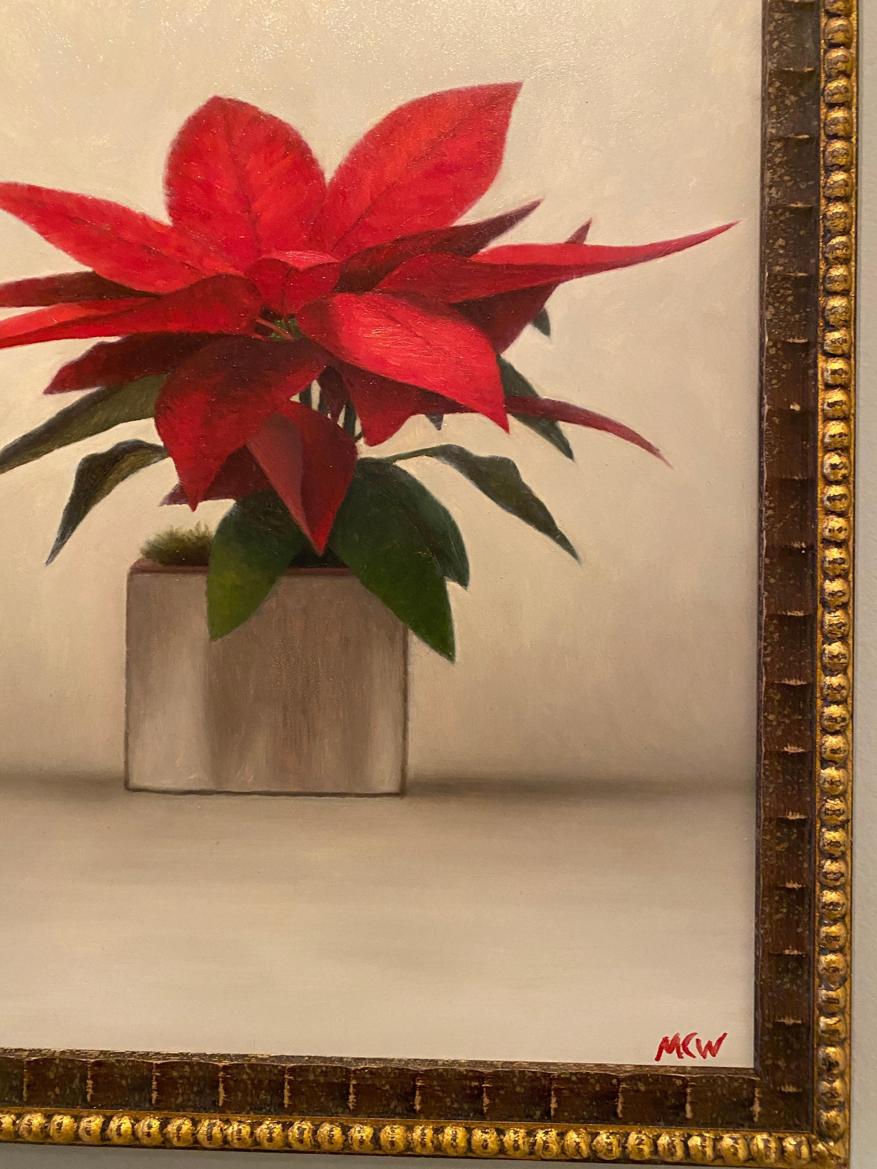 „Poinsettia 2“, Ölgemälde einer roten und grünen Weihnachtspflanze in Rot, getöpfert. Gerahmt (Beige), Still-Life Painting, von Matthew Weigle