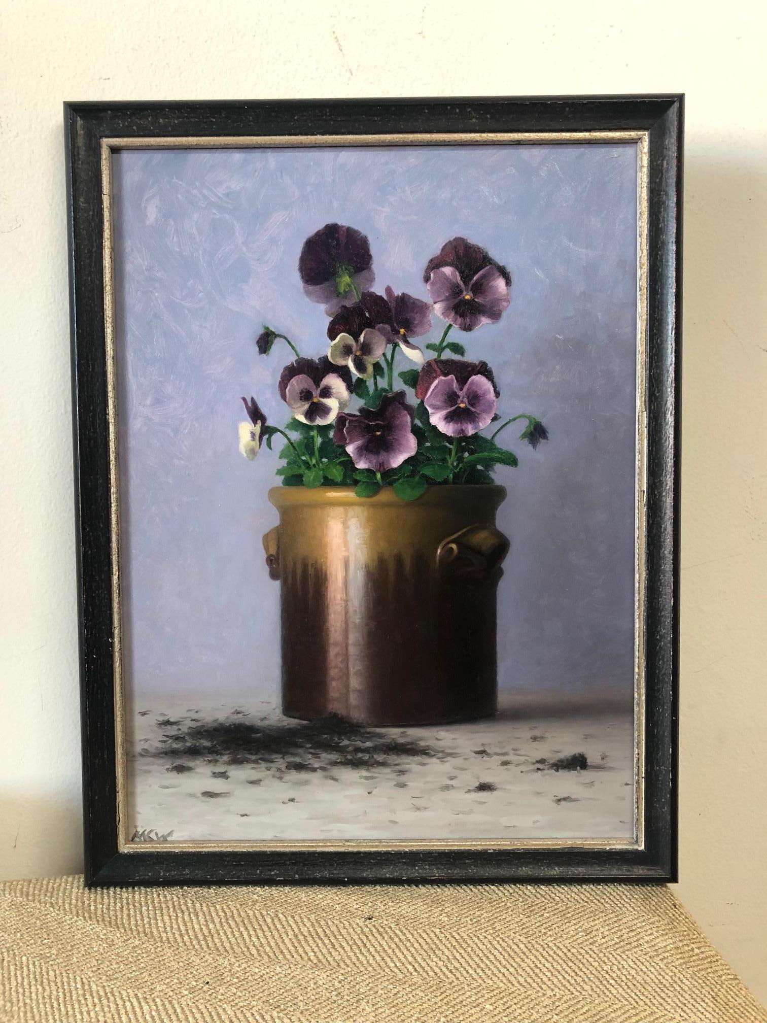 Pansies and Spilled Dirt - Oil painting, by Contemporary American Realist - Painting by Matthew Weigle