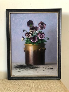 Pansies and Spilled Dirt - Oil painting, by Contemporary American Realist