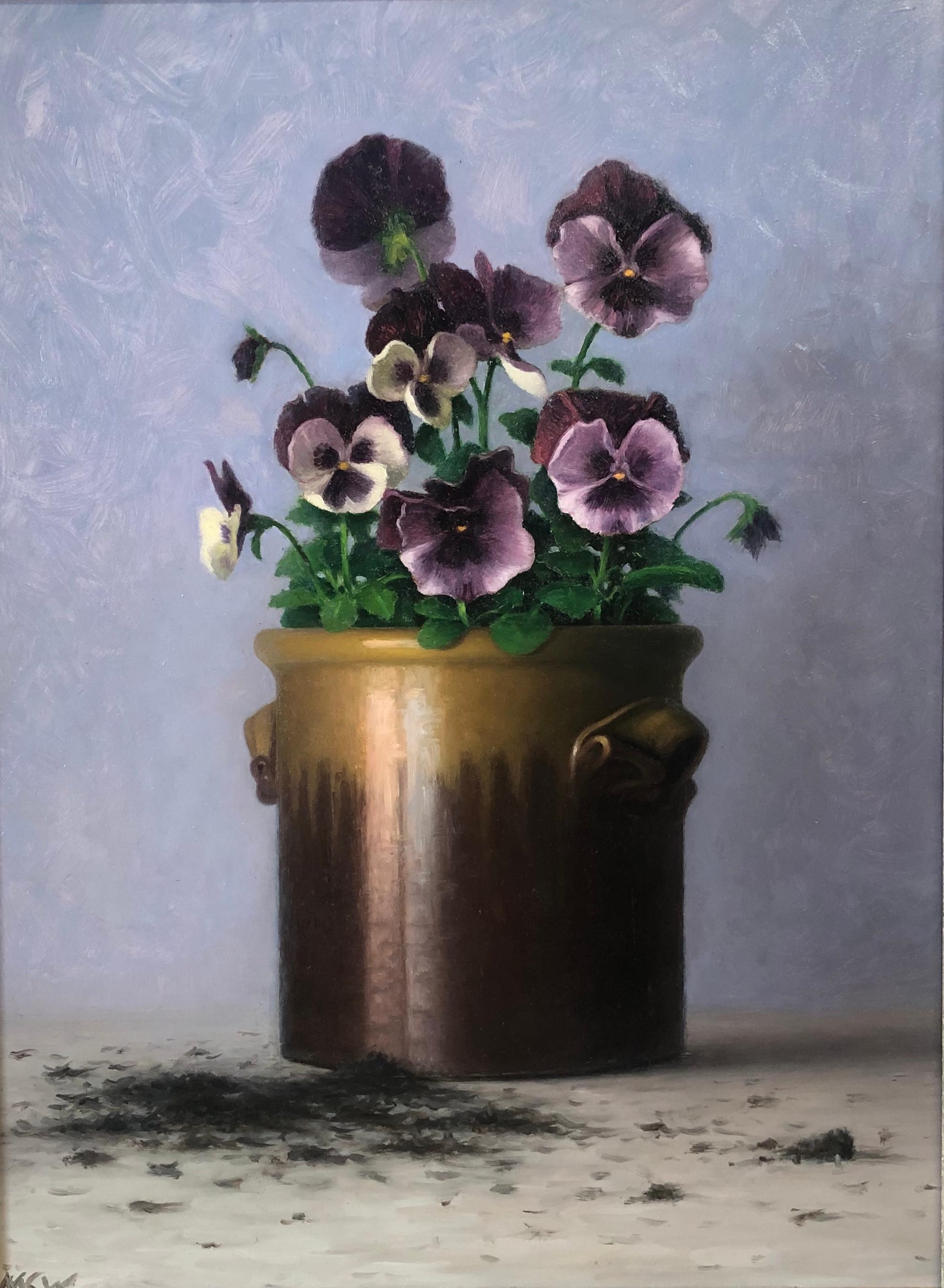Pansies and Spilled Dirt - Oil painting, by Contemporary American Realist