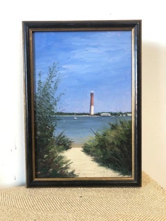 "Secret Beach" oil painting, path to a lighthouse, realist seascape in frame
