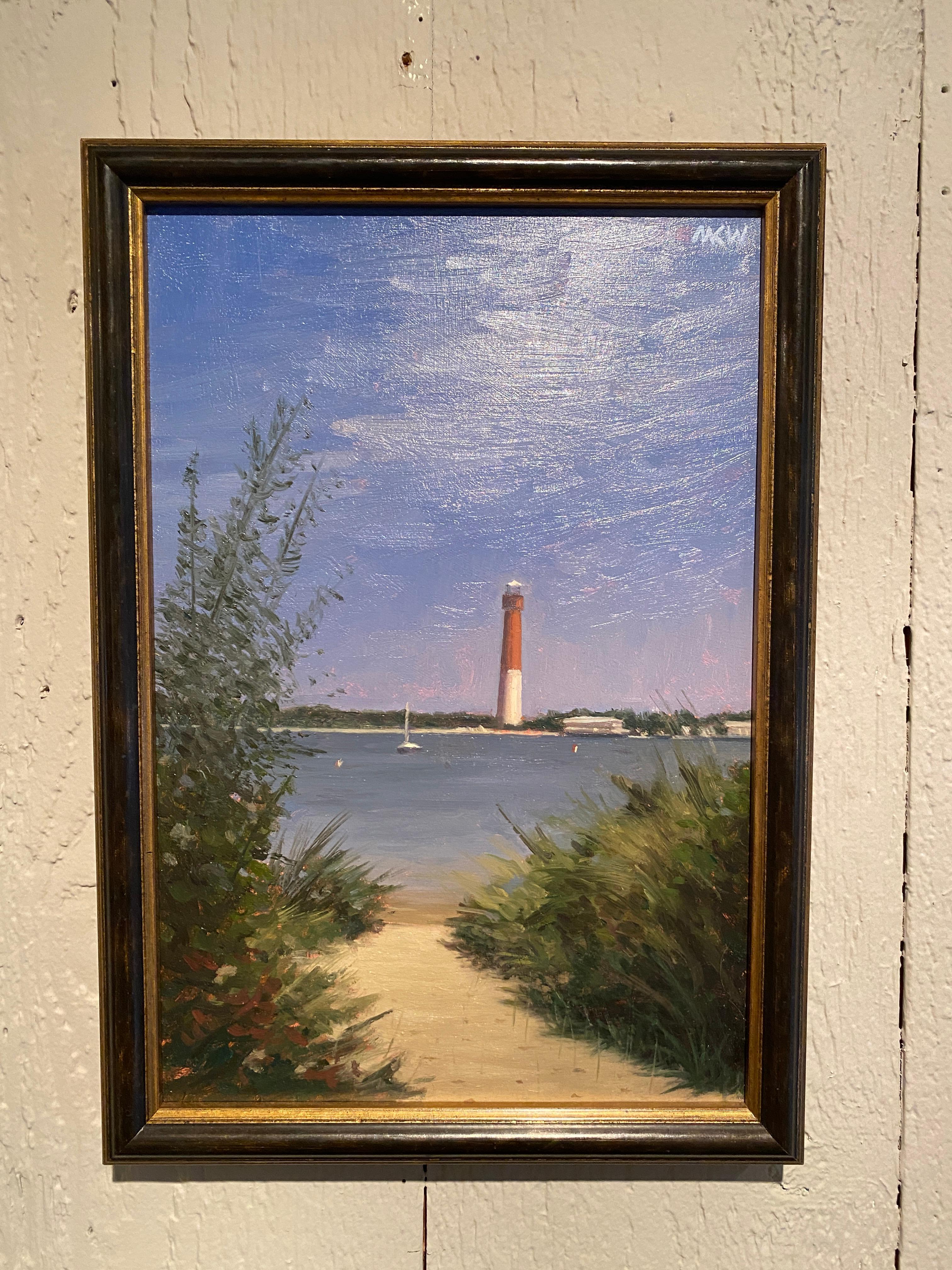„Secret Beach“, Ölgemälde, Weg zu einem Leuchtturm, realistische Meereslandschaft in Rahmen (Amerikanischer Realismus), Painting, von Matthew Weigle