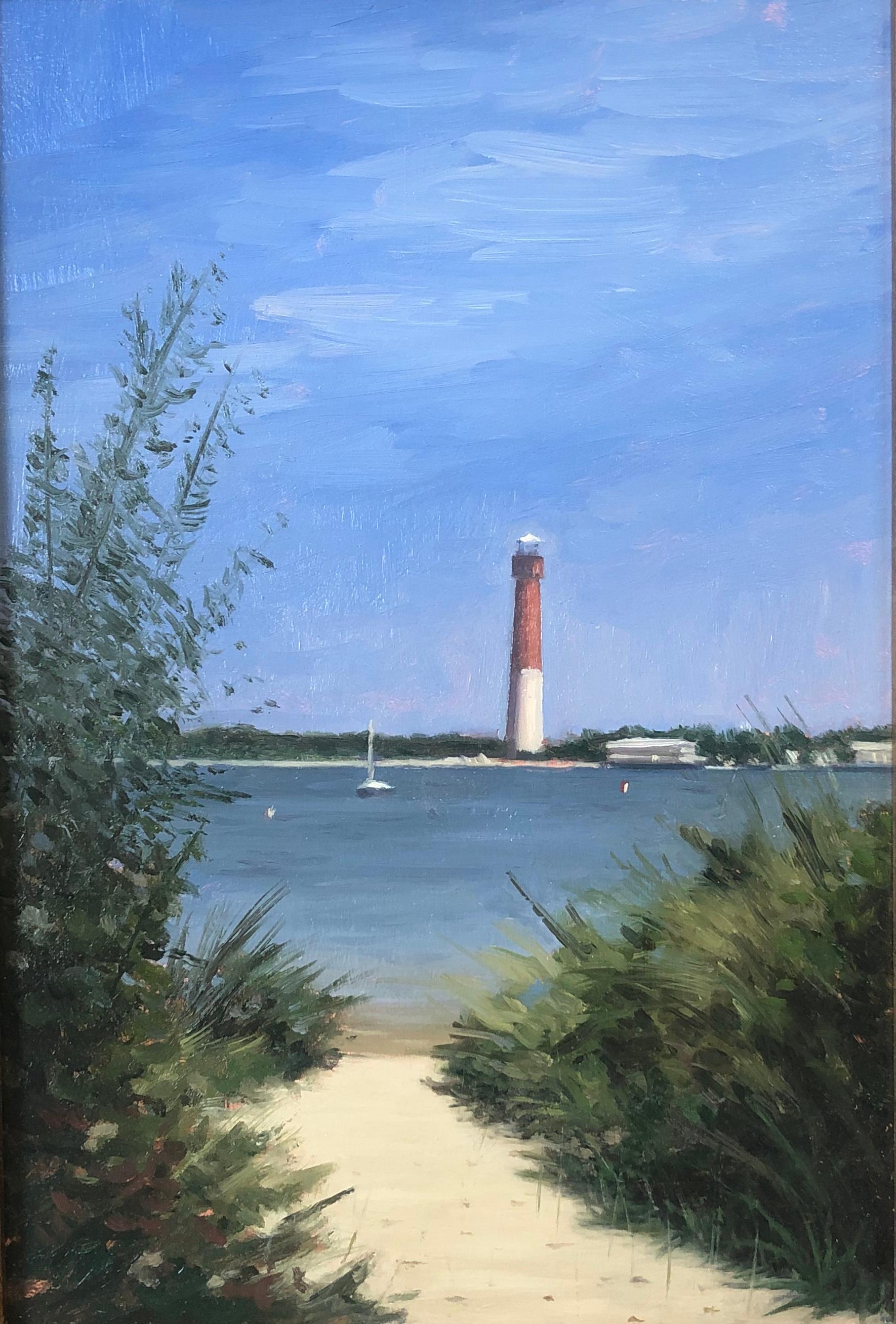 Matthew Weigle Landscape Painting – „Secret Beach“, Ölgemälde, Weg zu einem Leuchtturm, realistische Meereslandschaft in Rahmen