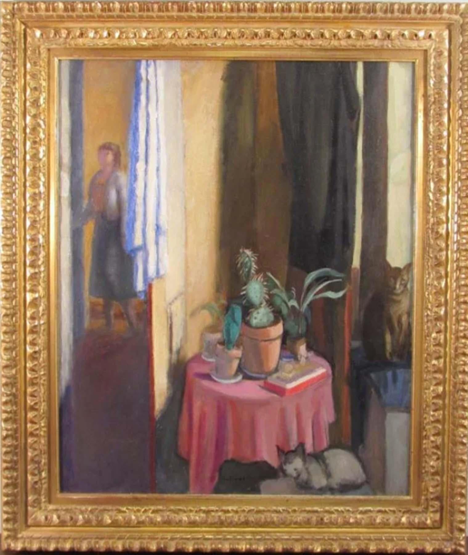 EDMOND CHARLES KAYSER Figurative Painting - INTERIOR WITH CATUS AND CATS