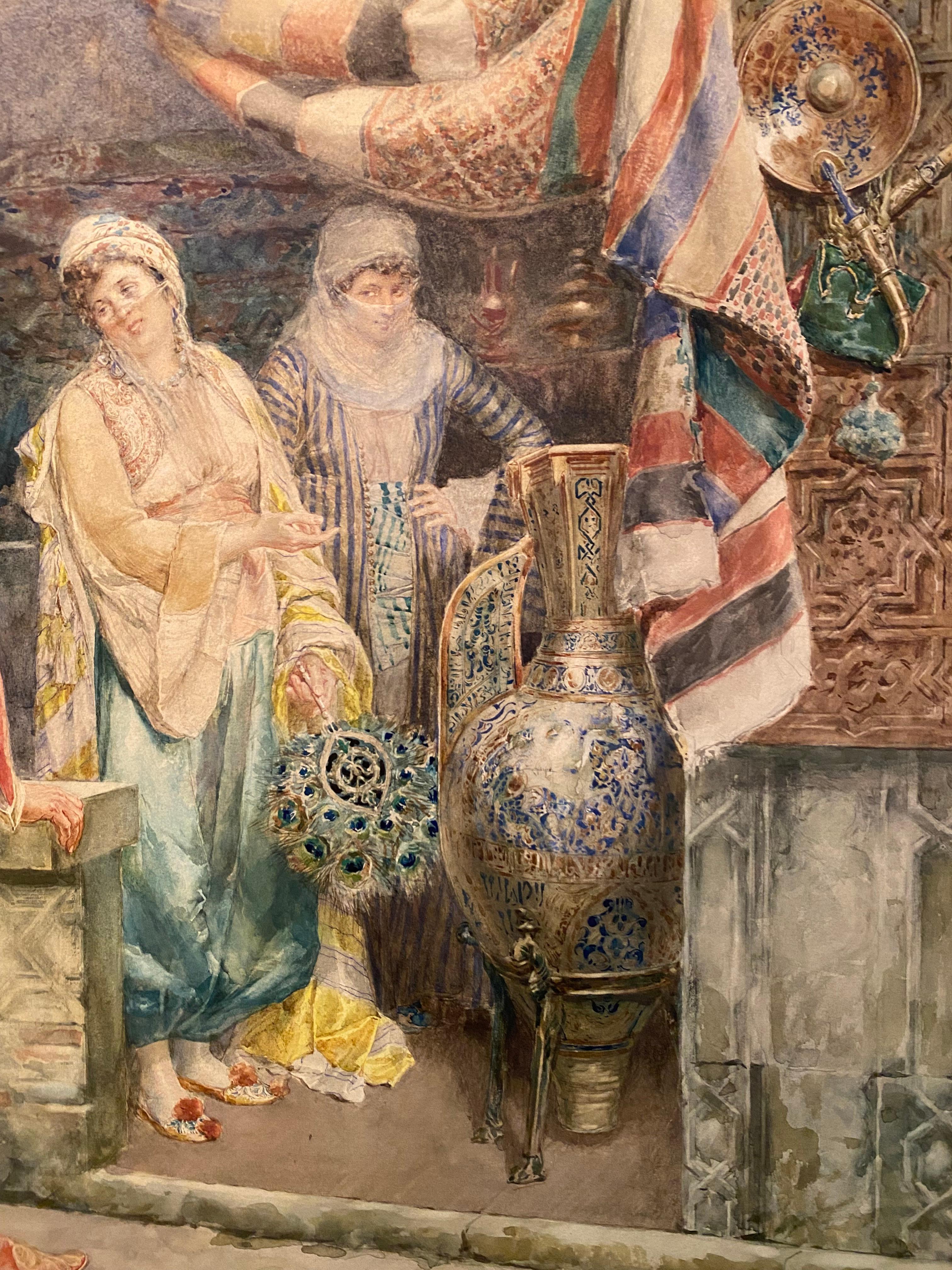 Ein prächtiges orientalisches Aquarell/Gouache, das eine Marktszene darstellt.
Das Werk weist unglaubliche Details auf und ist in sehr gutem Zustand.
Signiert unten links zusammen mit Roma.
Es befindet sich unter konservatorischem Glas in einem