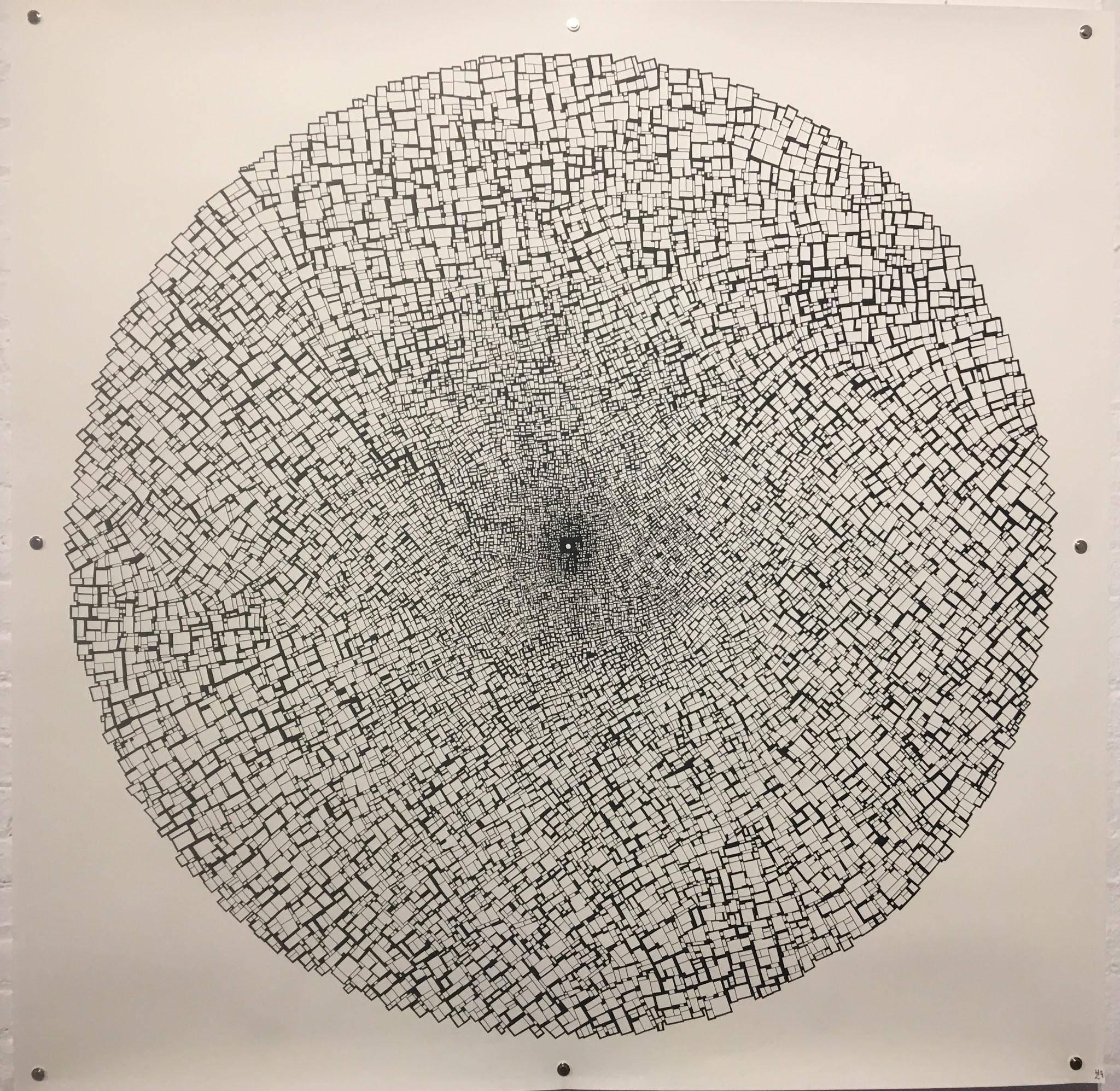 The Big City, Halsey Chait, Abstract India Ink Drawing, Circle, Black, White