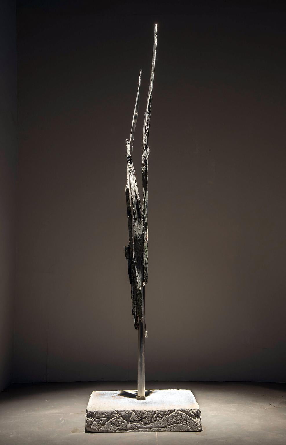 "Flash" par John Ruppert
Bronze coulé, acier inoxydable, à partir d'un fragment d'arbre frappé par la foudre
Edition de 3

Au cours des 35 dernières années, John Ruppert a travaillé avec des métaux coulés, des matériaux manufacturés tels que le