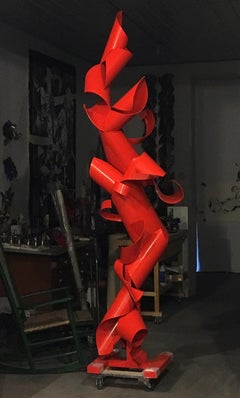 "Dancing Down the Staircase" Large-Scale, Abstract Metal Sculpture, Red