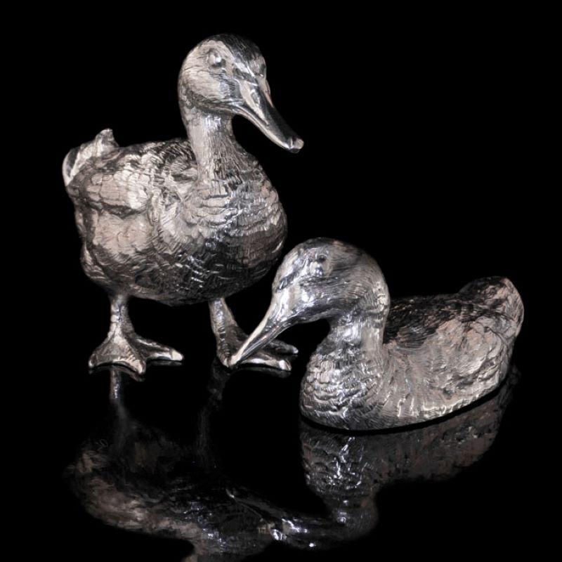 Hancocks London  Figurative Sculpture - A Pair of Small Sterling Silver "Mallard Ducks" by Hancocks 