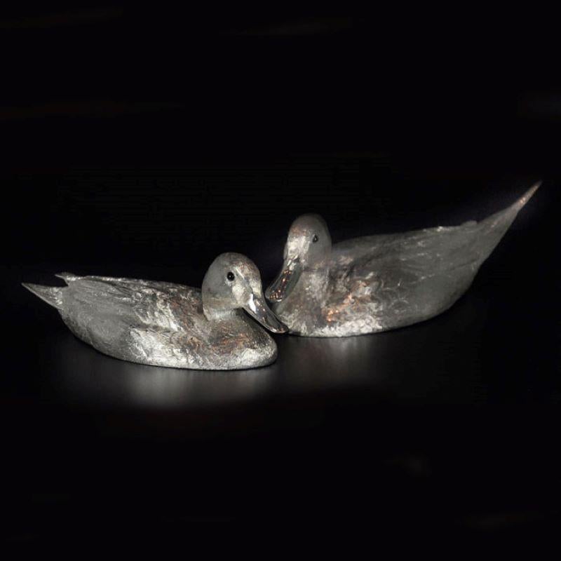 Hancocks London  Figurative Sculpture - A Pair of Half size Sterling Silver "Pintail Ducks" with black Onyx Eyes