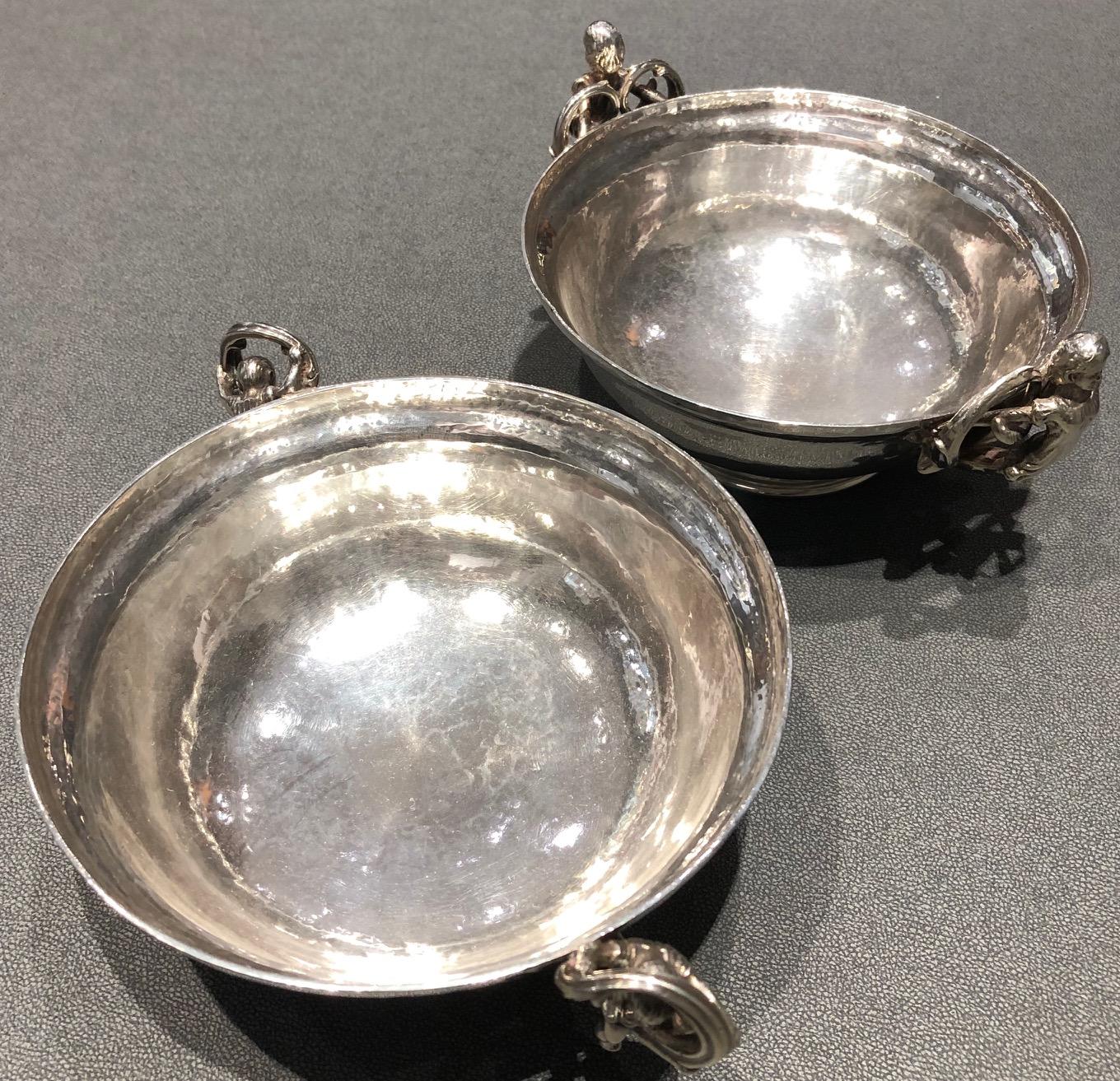 Pair of silver bowls by Omar Ramsden 1935 and 1936
1936 bowl -16.50 cm x 6.50 cm height 
1935 bowl - 18.50 cm x 5.70 cm height
733 grams