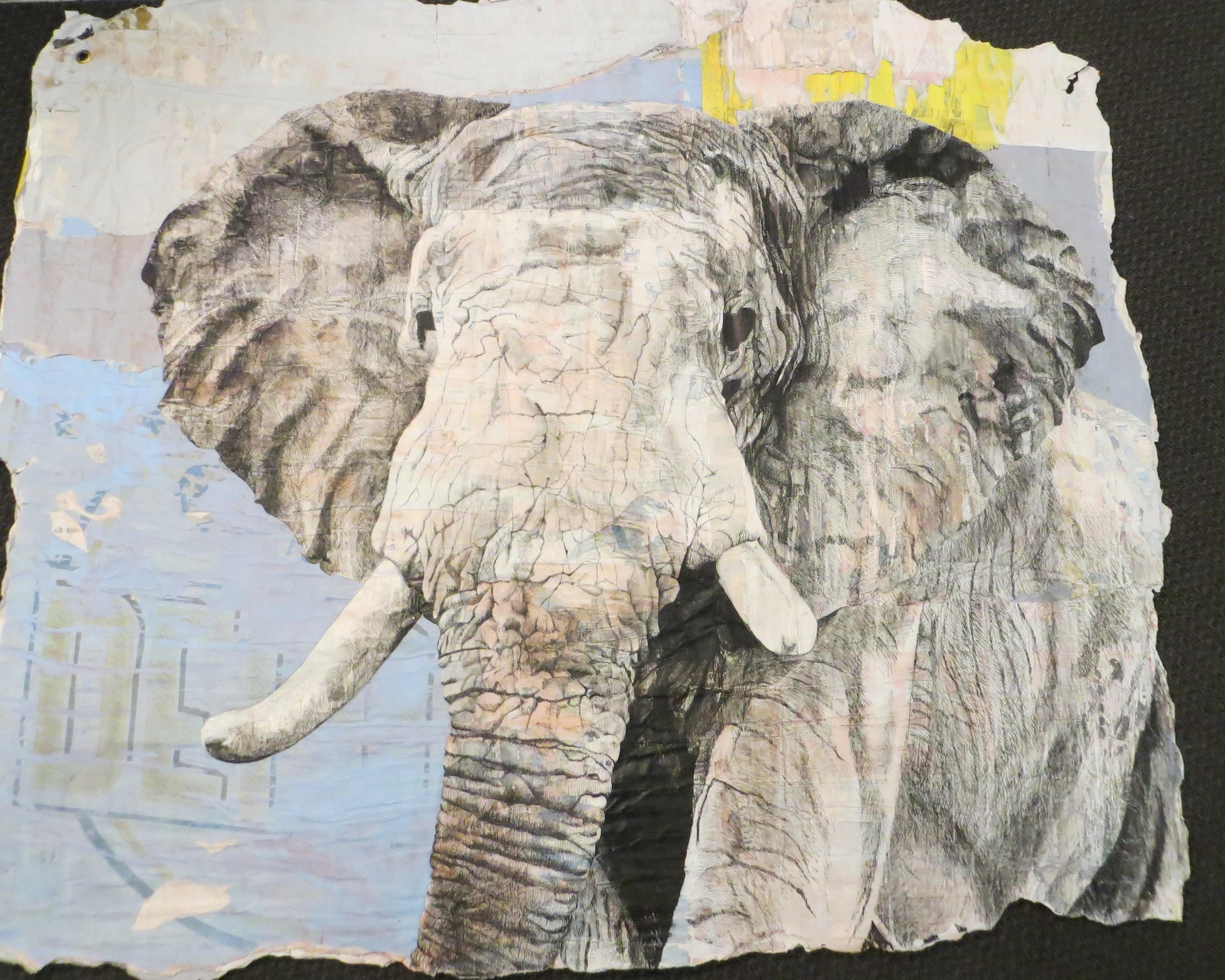 Xavier Spatafora Animal Painting - Elephant, Collage and Drawing