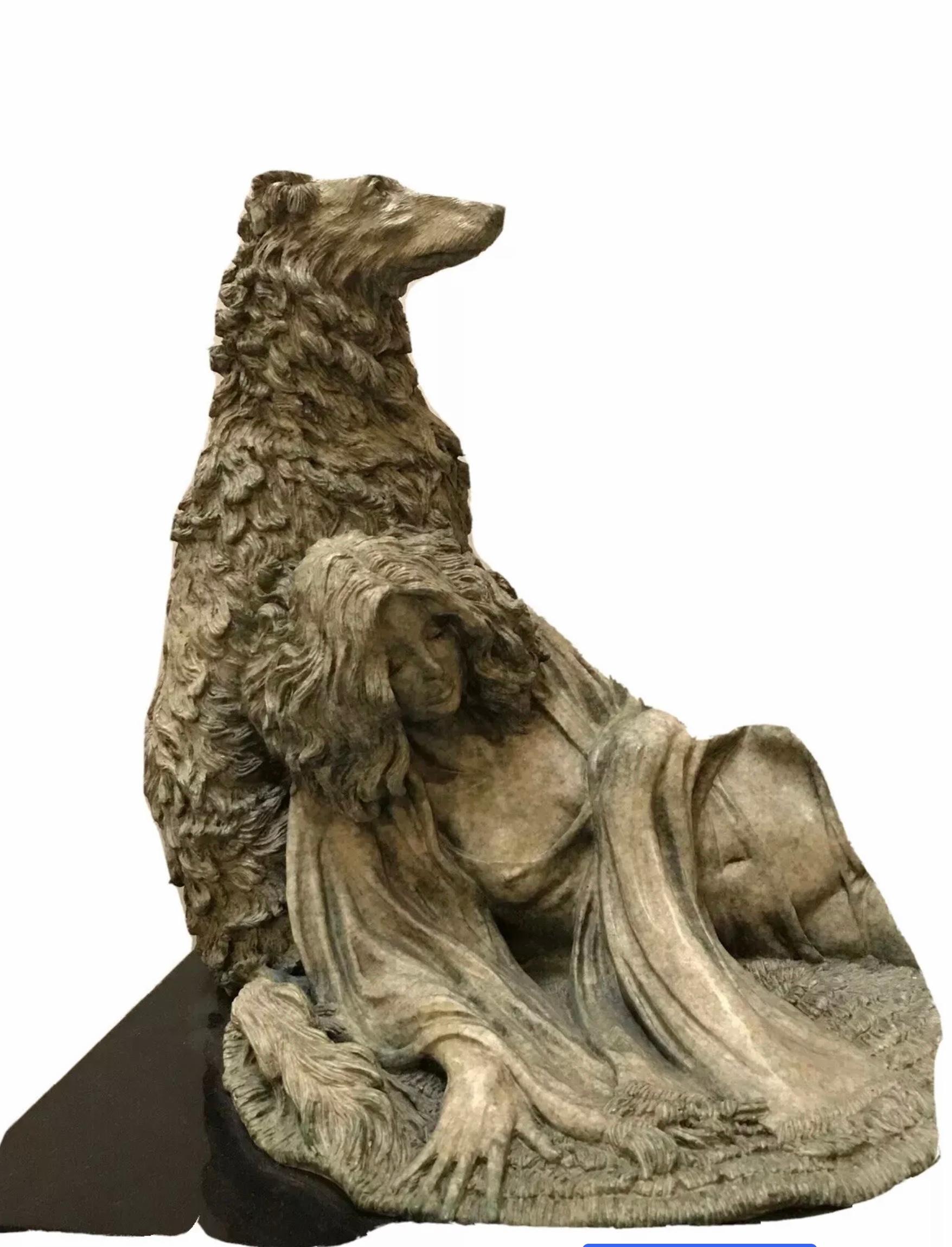 Magnificent beautiful masterpiece bronze sculpture of lady with the Scottish Deer Hunter dog bronze comes with green patina; 1/10 
So beautiful and a lot of detail the dog made very beautiful it shows embossed the dog hair in three dimension dogs