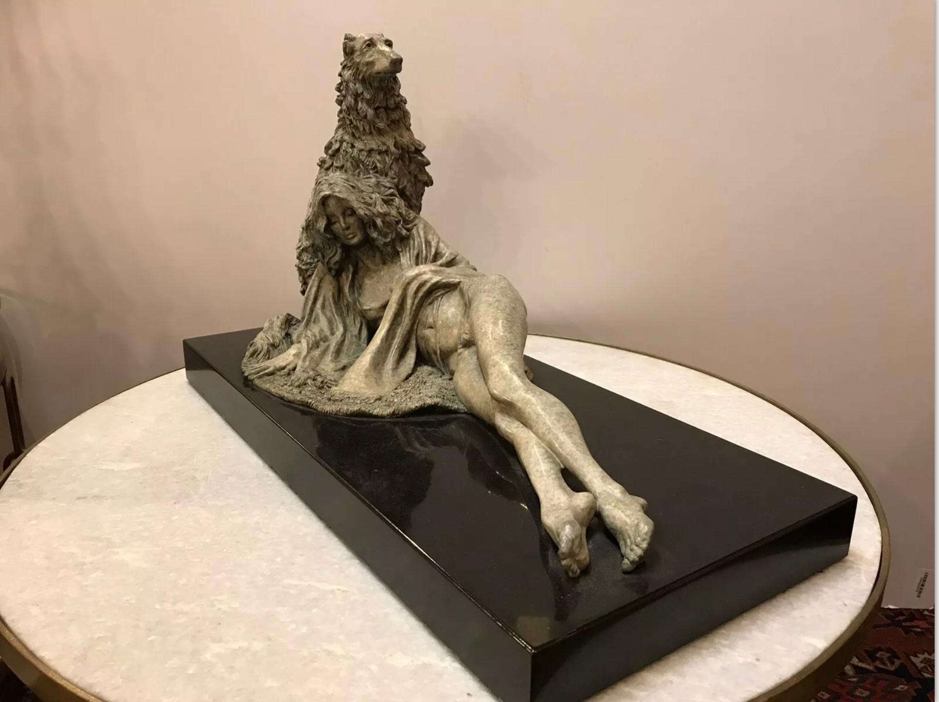 LADY AND SCOTTISH DOG - Gold Nude Sculpture by Allen Ralph Messey 