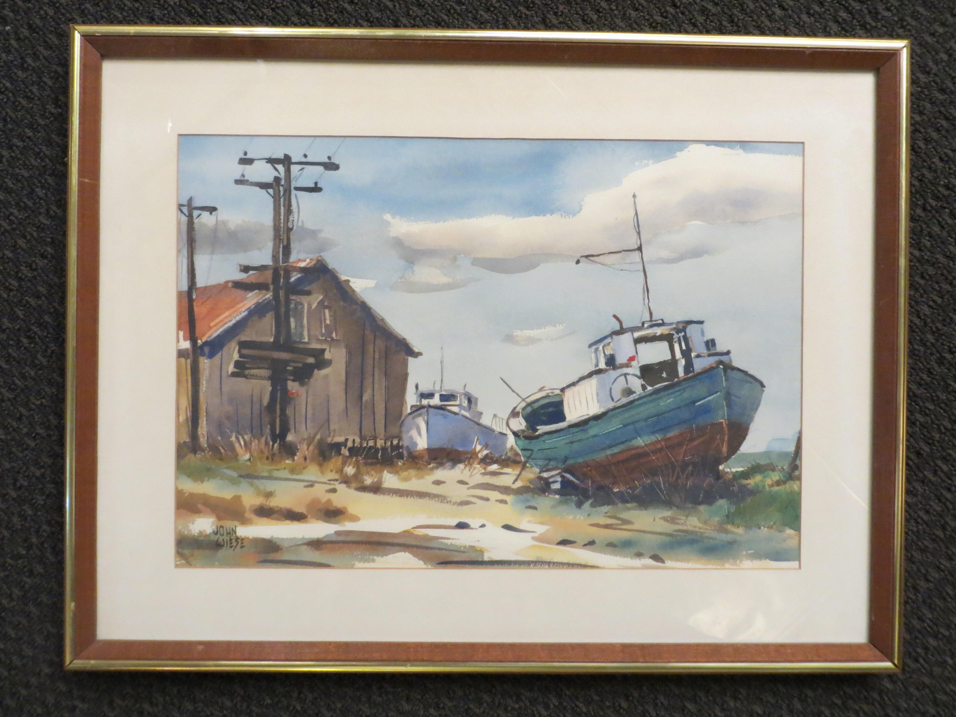 Pair  Scene Harbor Watercolor - Art by John Wiese