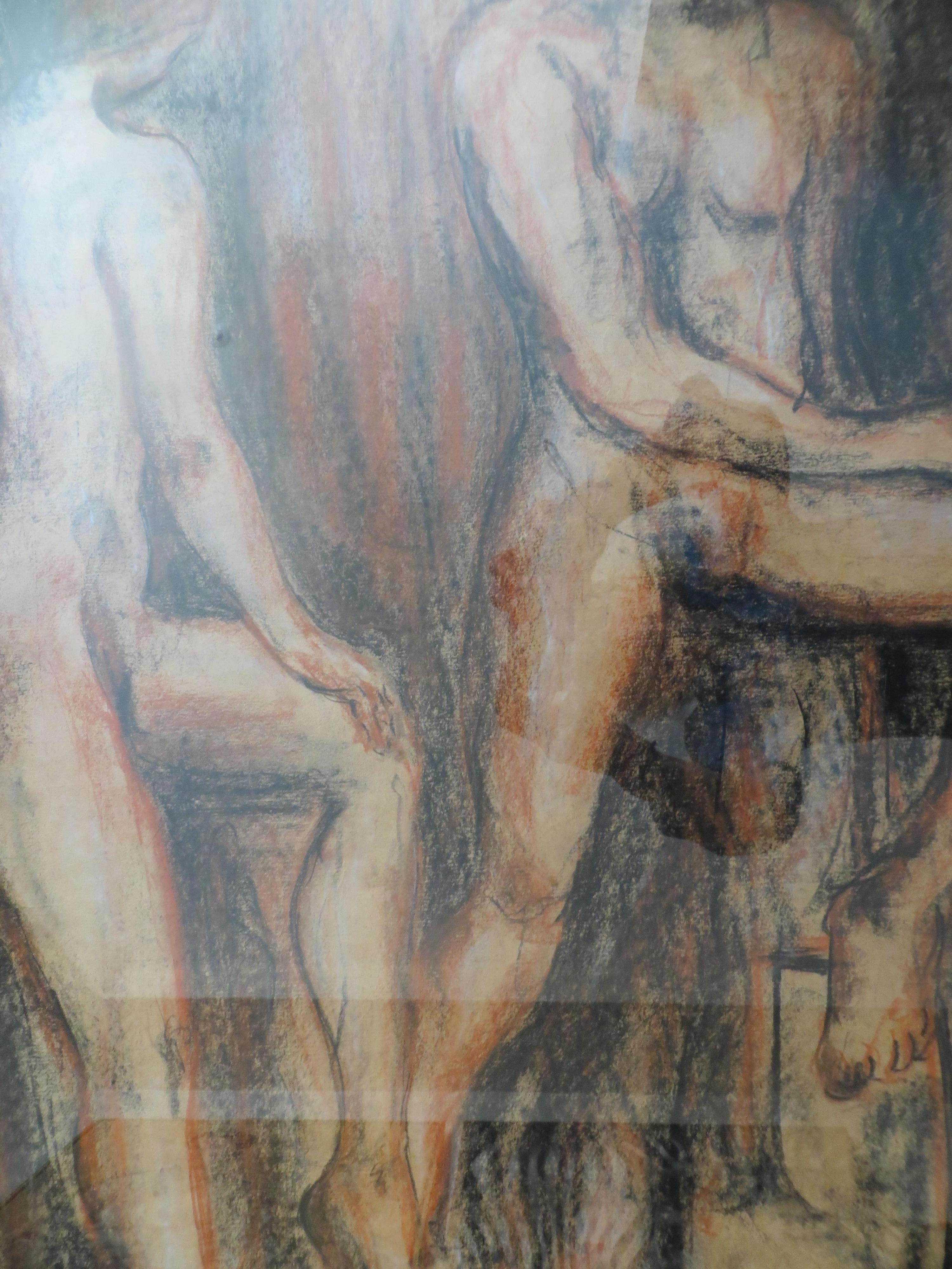 A naked couple is depicted in a pastel on framed paper. 
The drawing seems to be a studio study signed Erik Miran and dated 1976 . 
The couple is characteristic of modern painting influenced by Cezanne. 
The frame is black contemporary . 
Custom