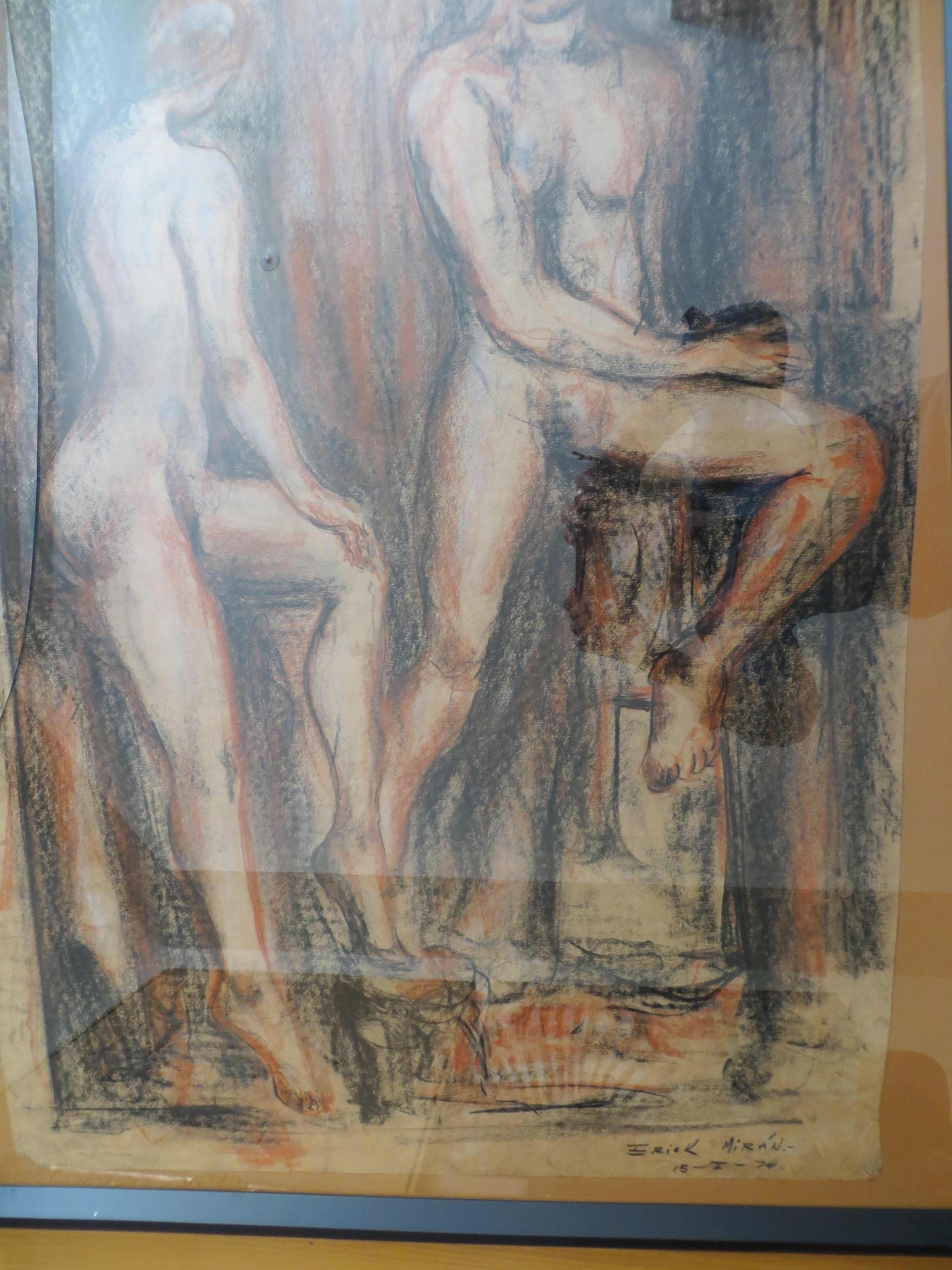 Nude Couple, Pastel Drawing Signed Erik Miran 1976 For Sale 3
