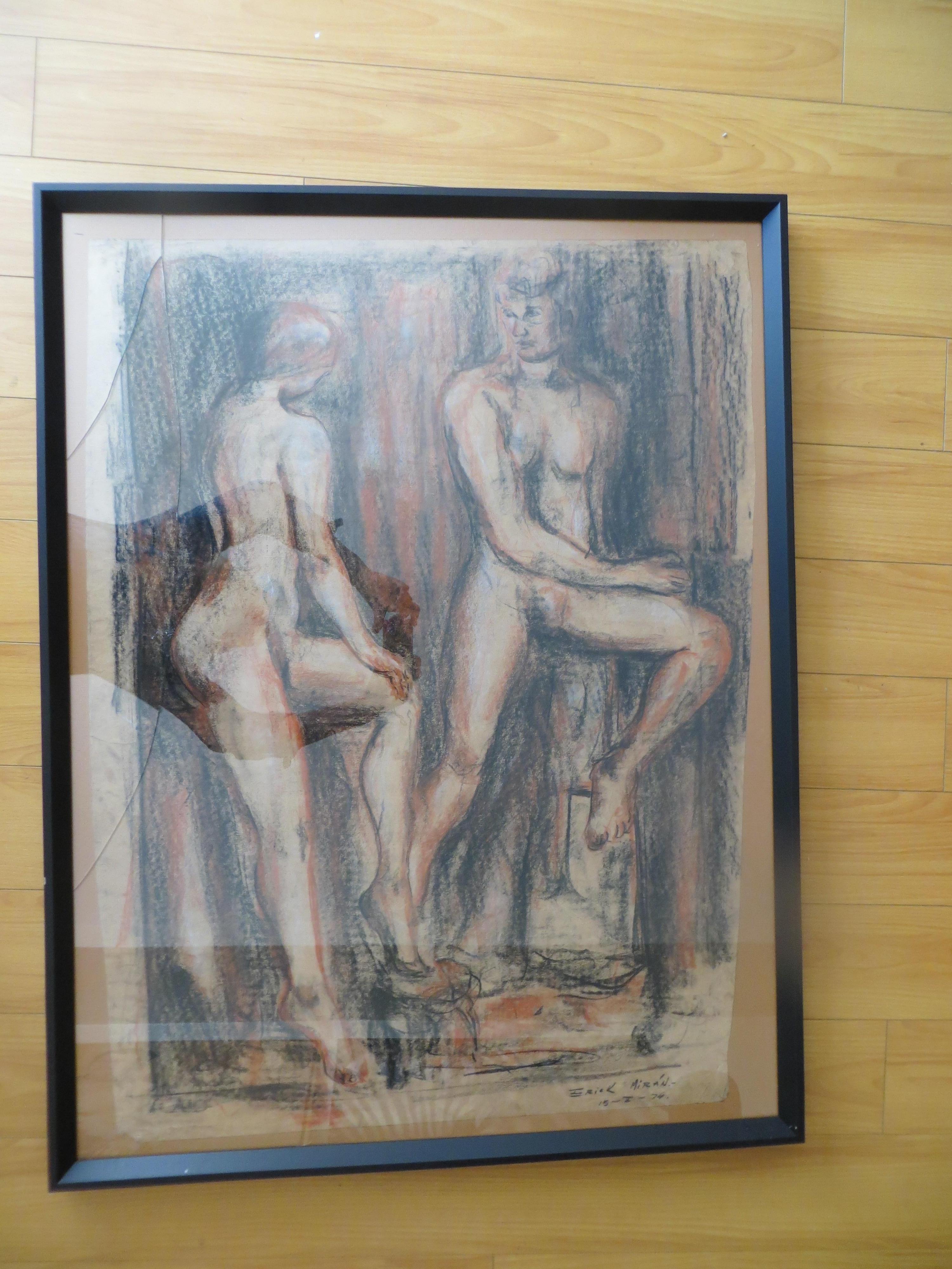 Nude Couple, Pastel Drawing Signed Erik Miran 1976 For Sale 5