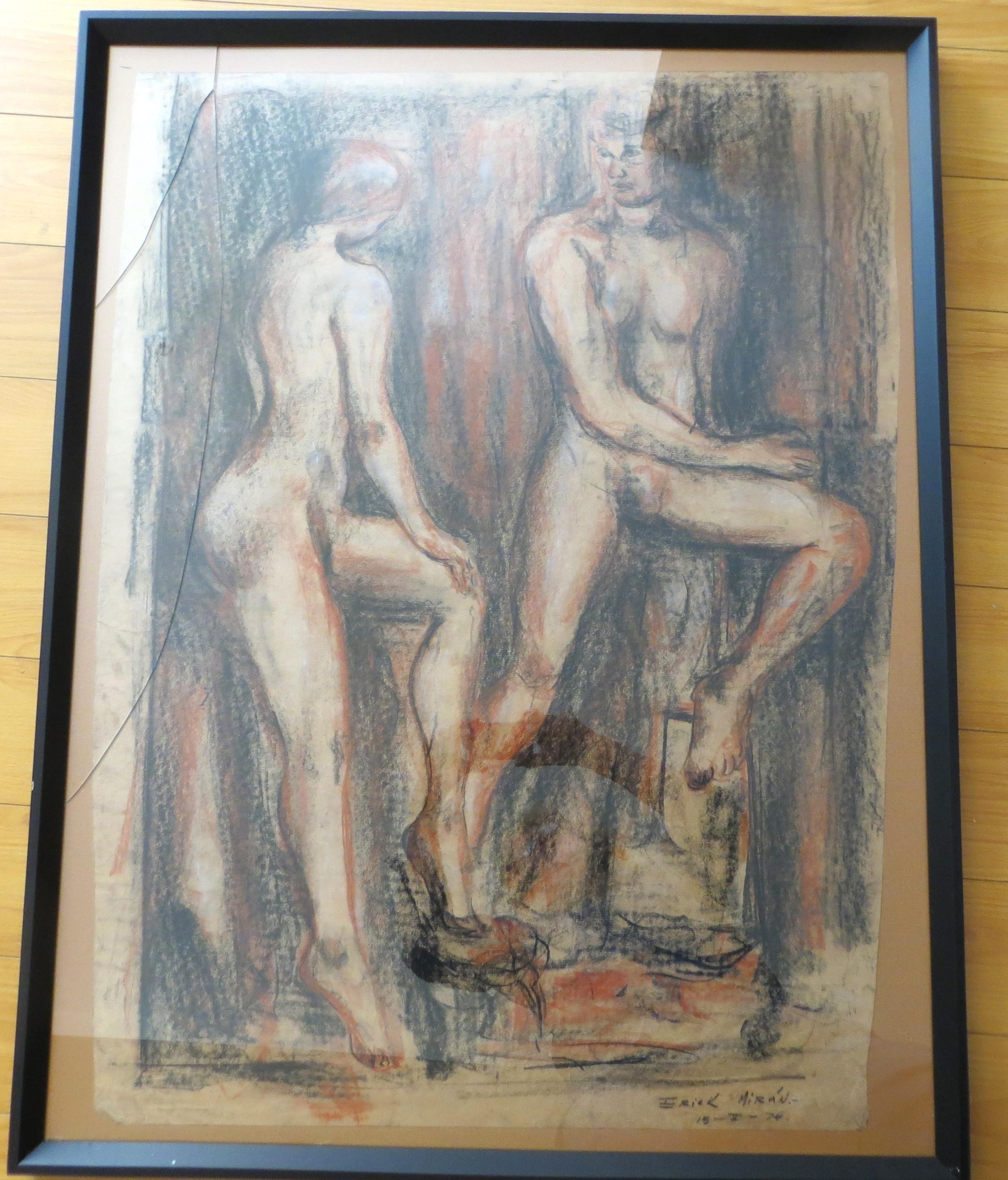 Paar nackte Paar, pastellfarbene Zeichnung, signiert Erik Miran 1976 – Art von Unknown
