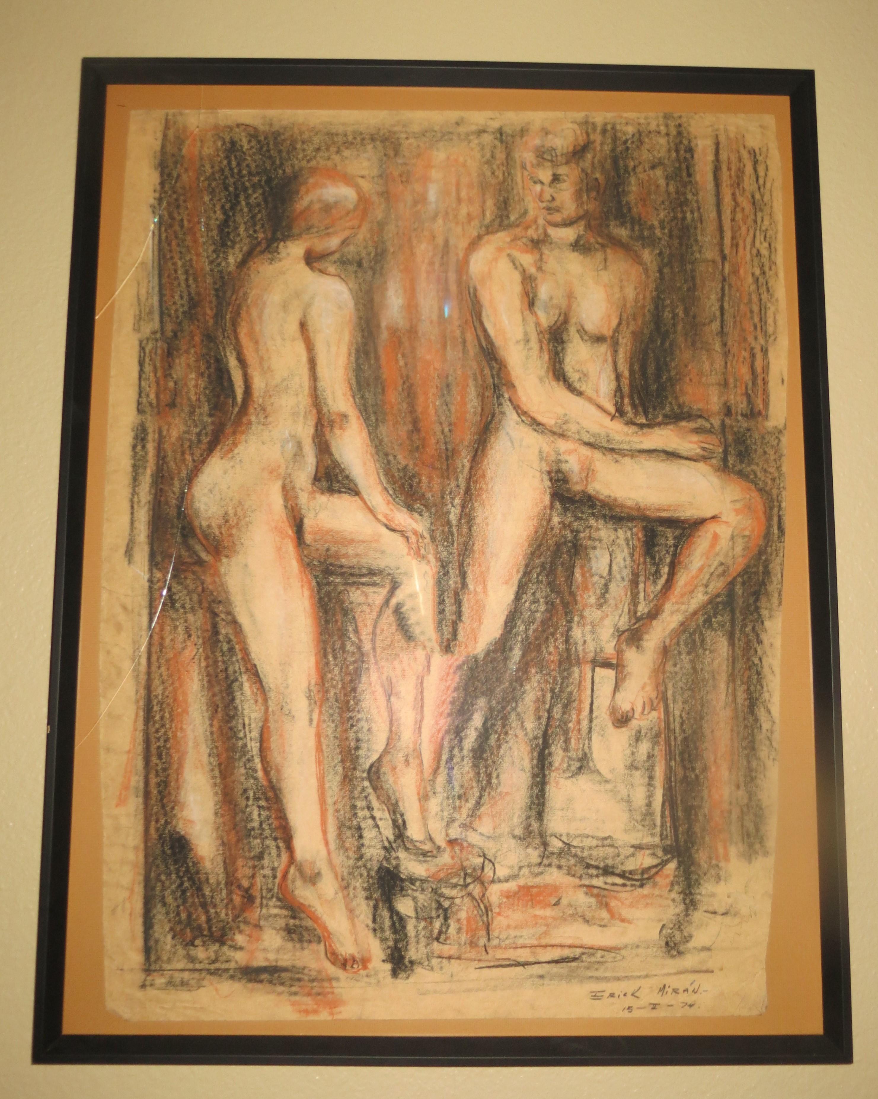 Unknown Nude – Paar nackte Paar, pastellfarbene Zeichnung, signiert Erik Miran 1976
