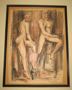 Coppia di nudi, disegno a pastello firmato Erik Miran 1976