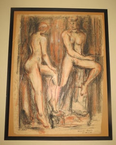 Couple nu, dessin au pastel signé Erik Miran 1976