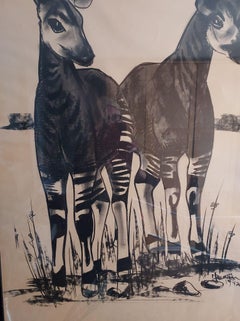Antilopes, Drawing by Jean Poulain, Framed