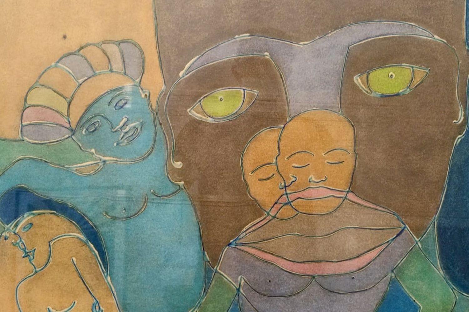 Beach Dance in Brazil, Watercolour, Signed - Gray Figurative Art by Unknown