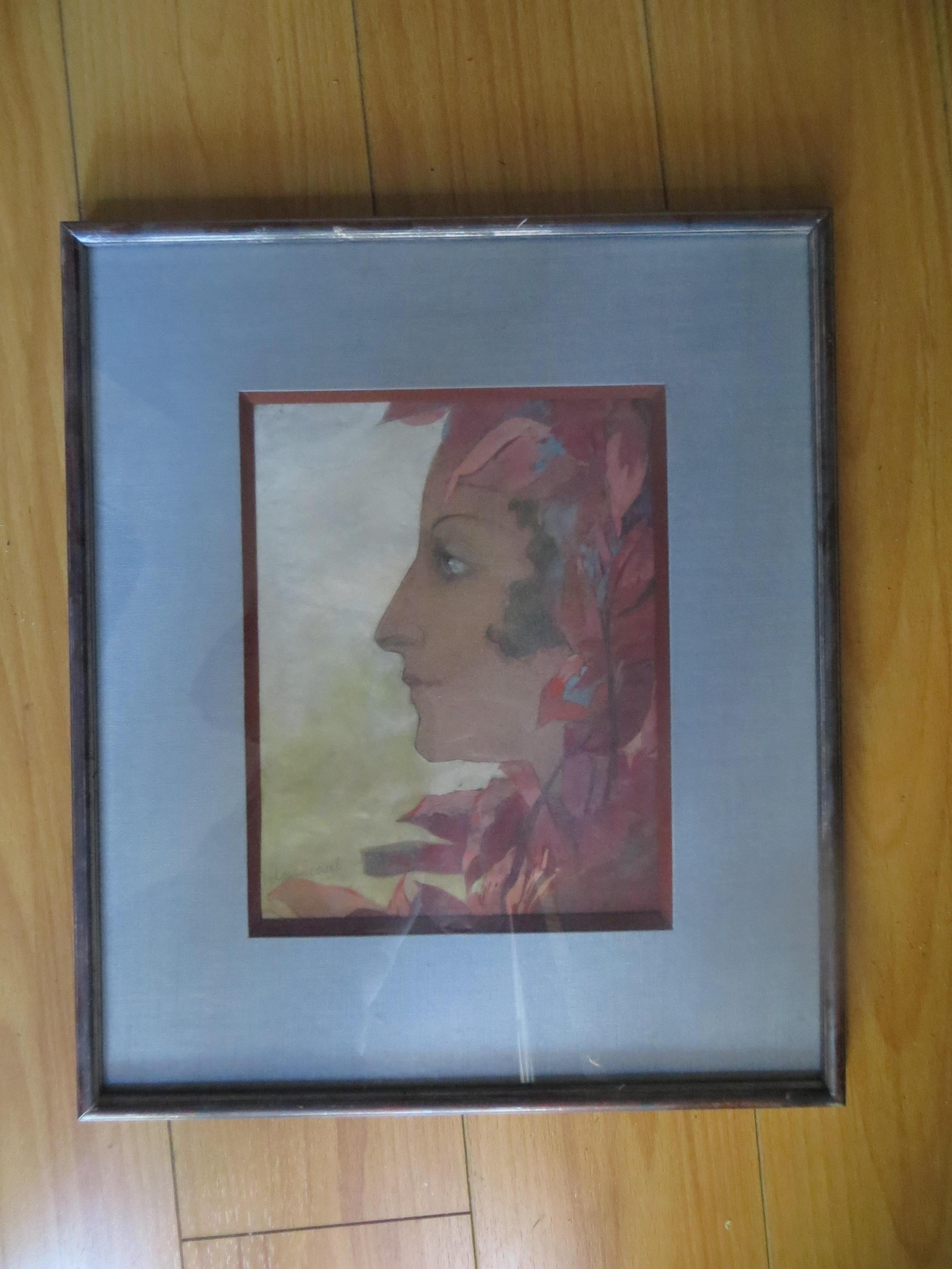 Original Aquarell von Delovincourt, Porträt signiert – Art von delovincourt