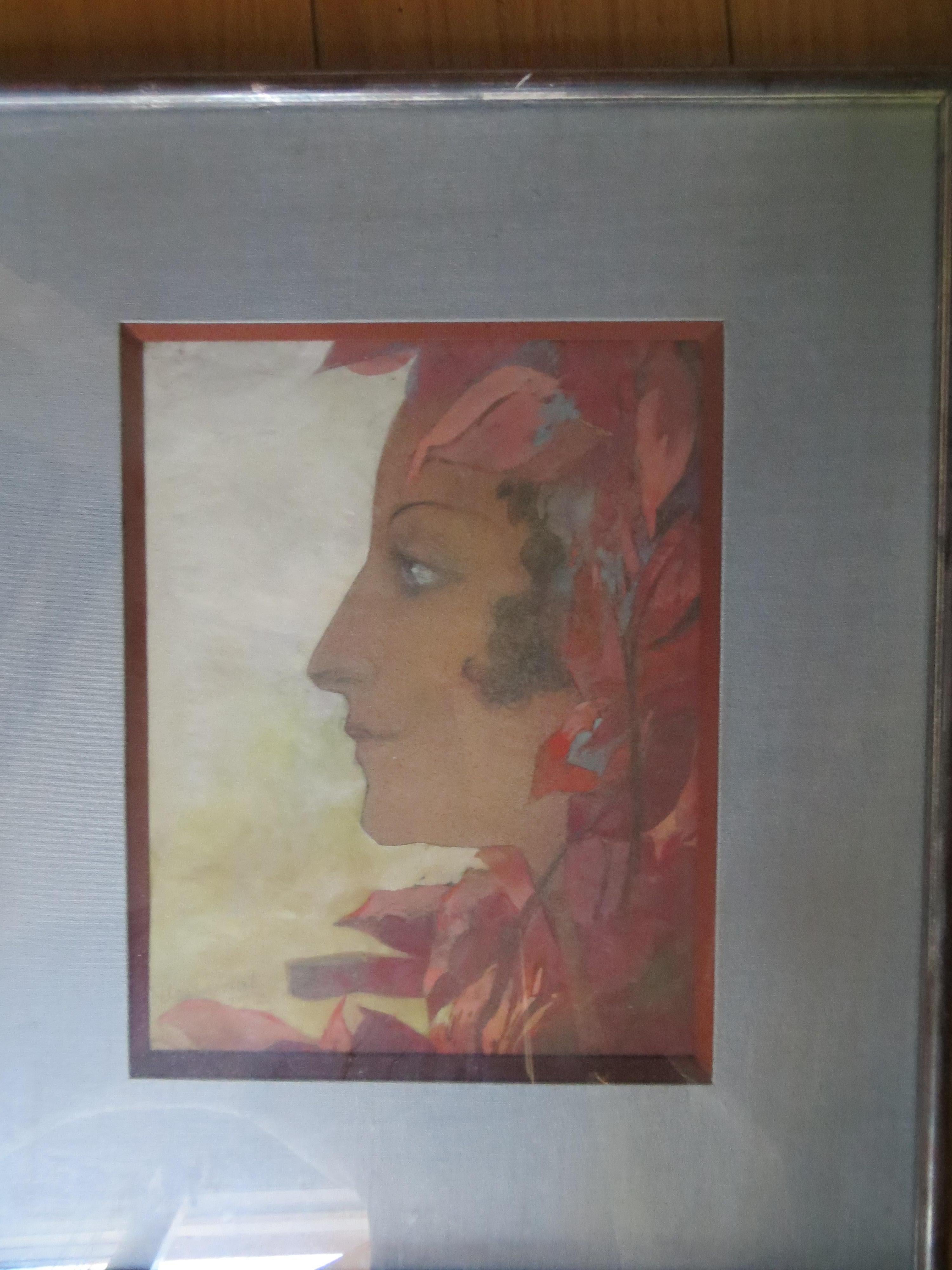 Original Aquarell von Delovincourt, Porträt signiert (Blau), Figurative Art, von delovincourt