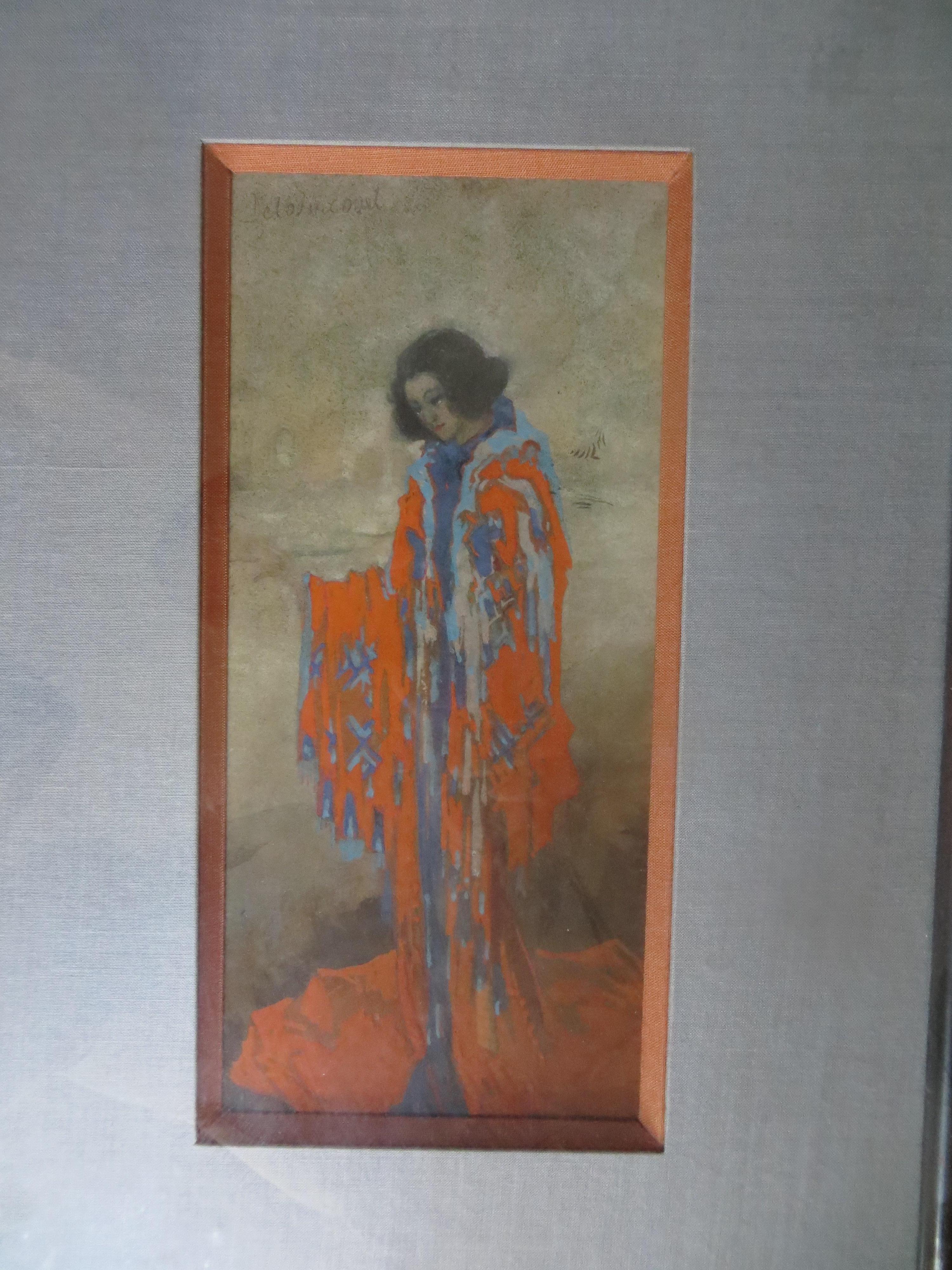 Original Watercolour by Delovincourt Orange Dress - Gray Portrait by delovincourt