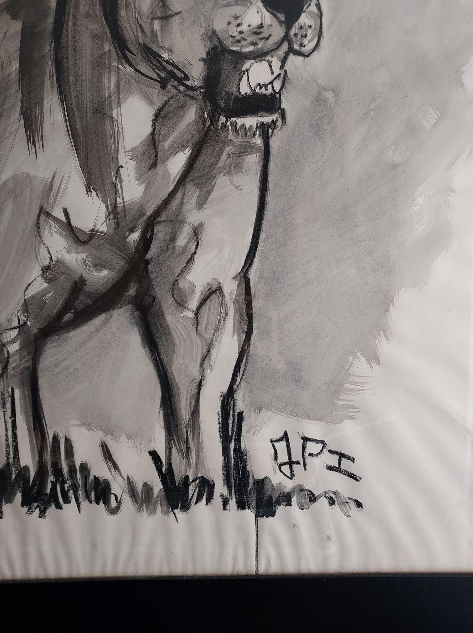 Lioness Fusain Drawing by Jean Poulain For Sale 1