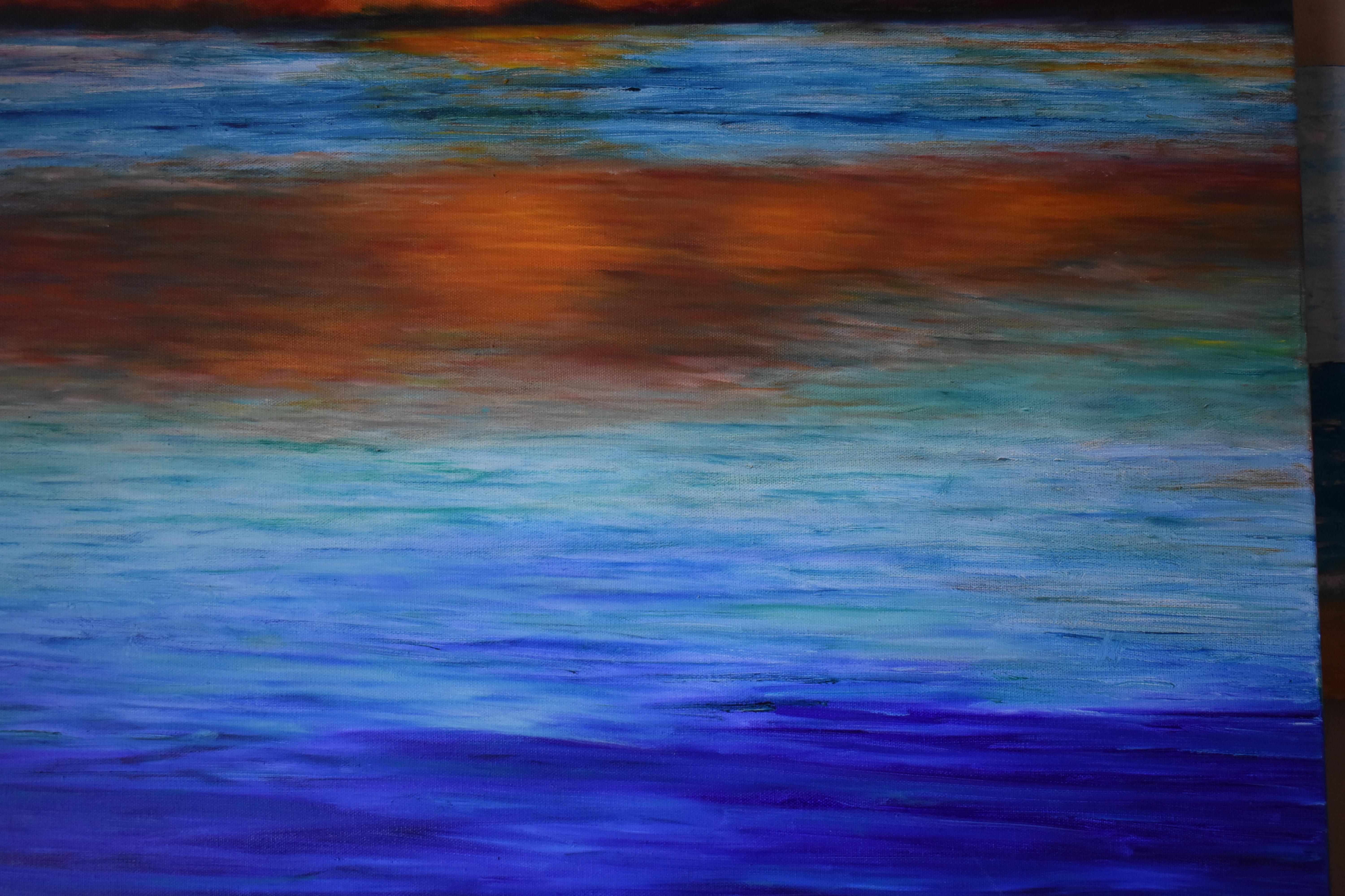 Serene Carribean Sunset - Blue Figurative Painting by Anil Sawe